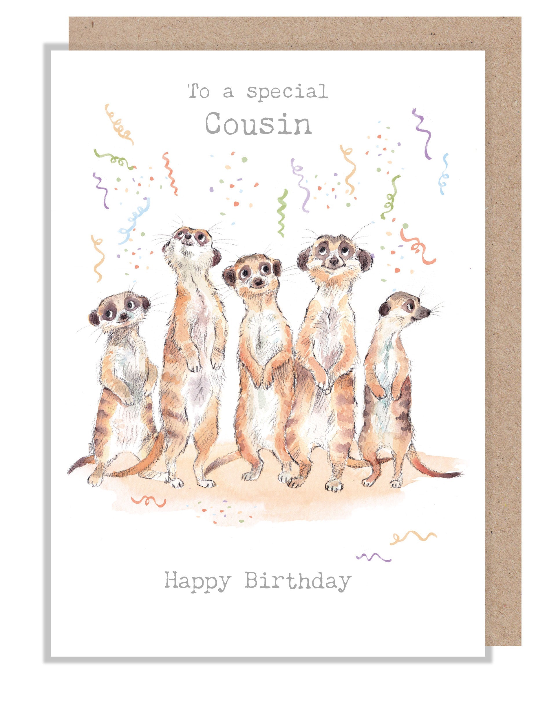 Birthday Card - Special Cousin - Meerkats with Streamers