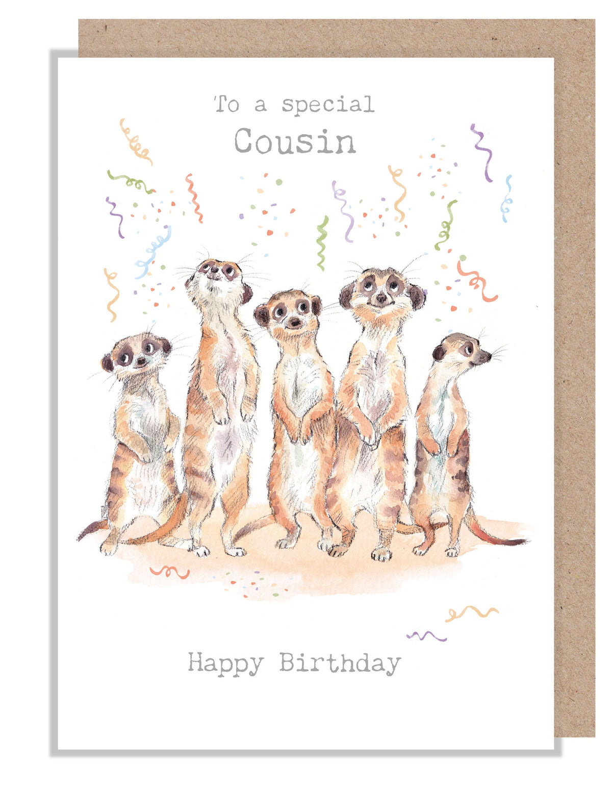 Birthday Card - Special Cousin - Meerkats with Streamers