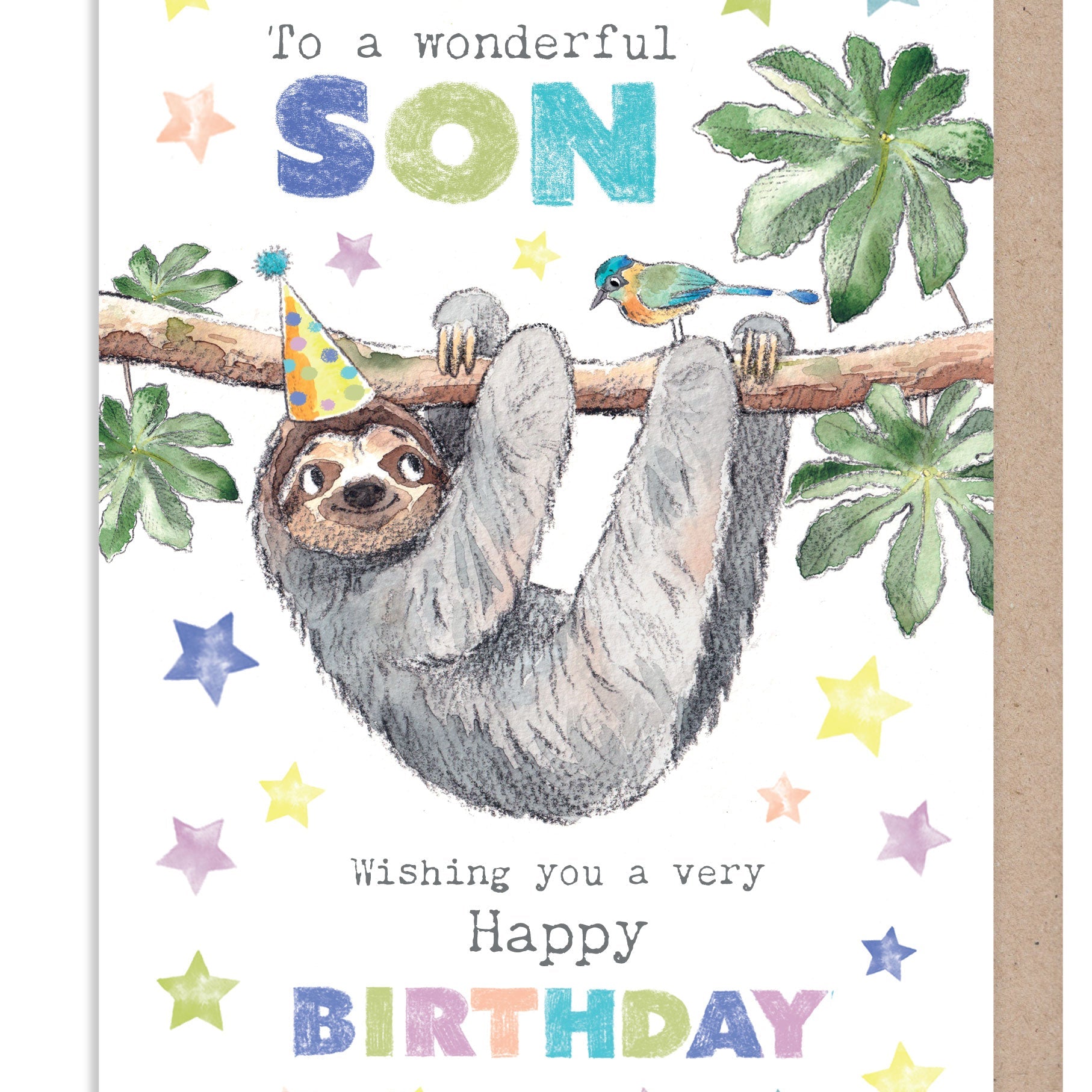 Birthday Card - Wonderful Son - Sloth and Bird with Stars