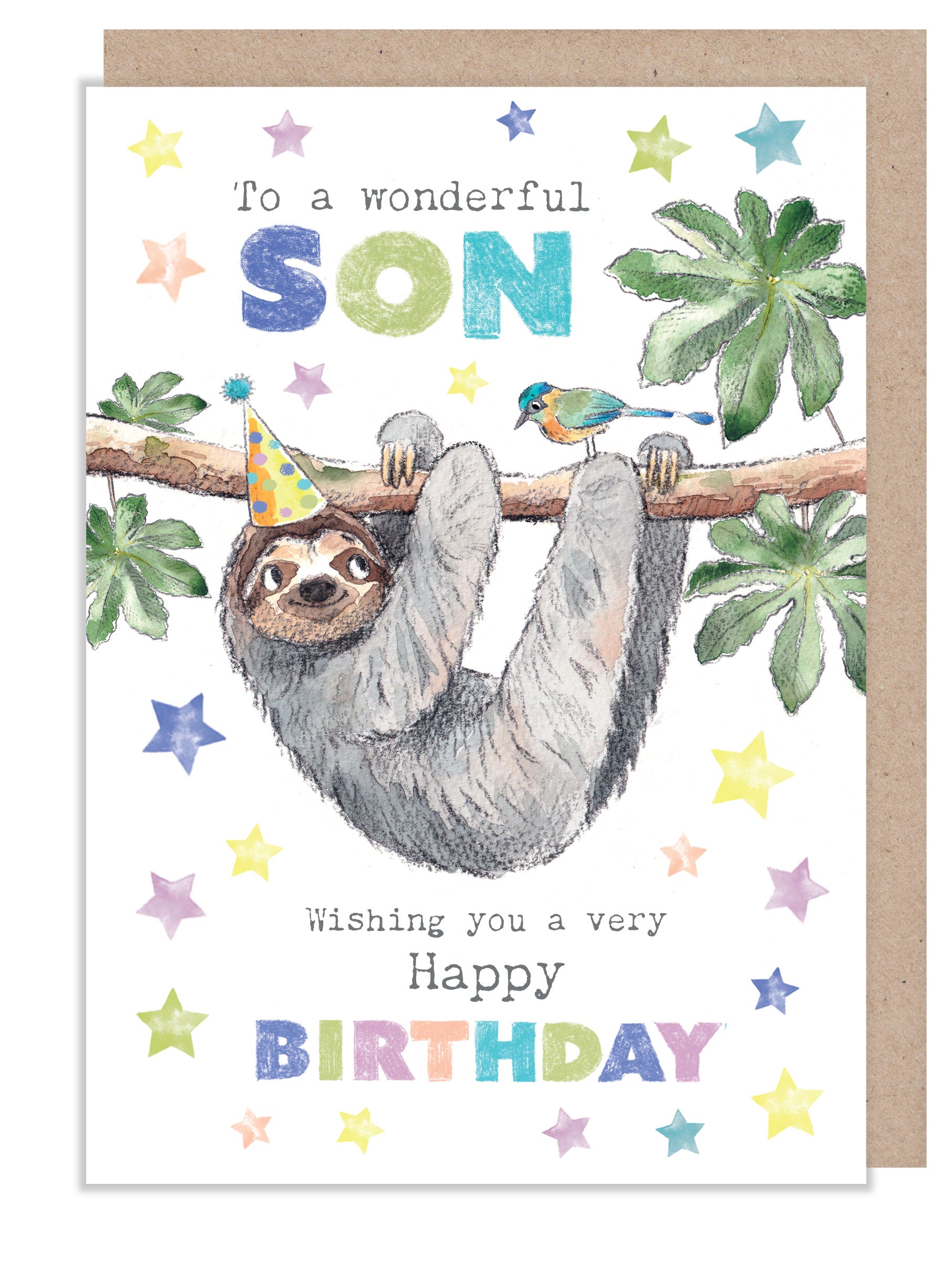Birthday Card - Wonderful Son - Sloth and Bird with Stars