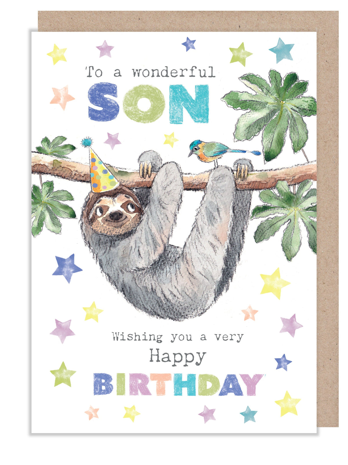 Birthday Card - Wonderful Son - Sloth and Bird with Stars