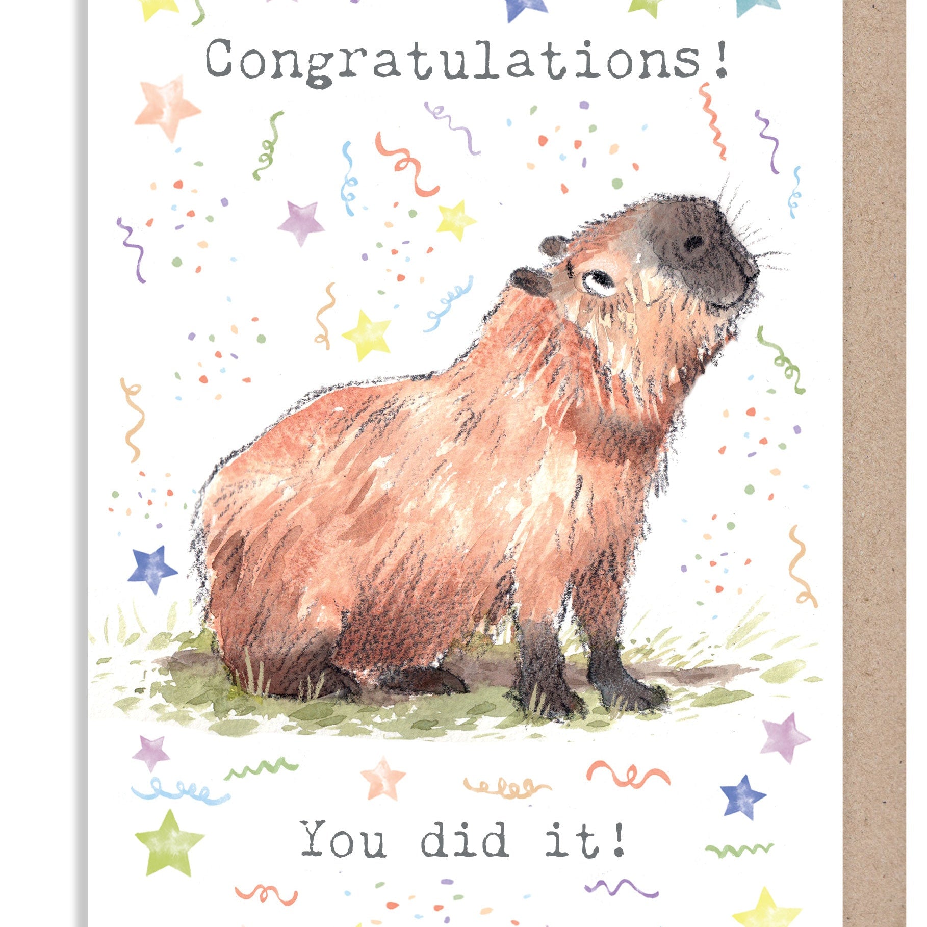 Greeting Card - Congratulations - Capybara with Stars and Streamers