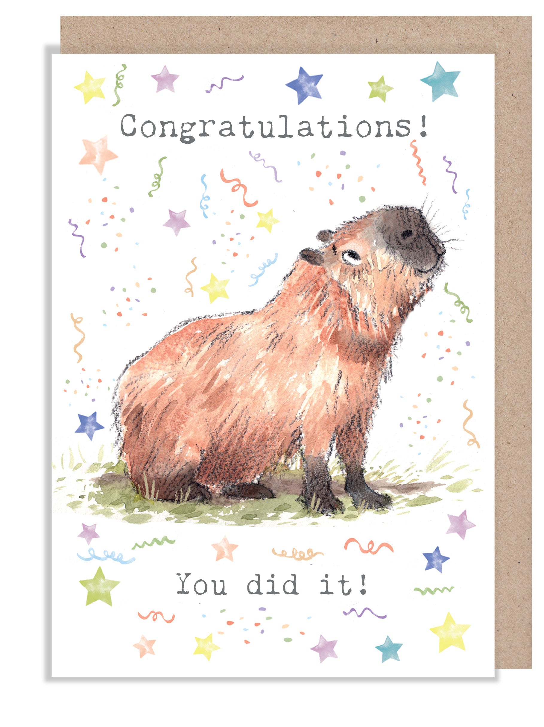 Greeting Card - Congratulations - Capybara with Stars and Streamers