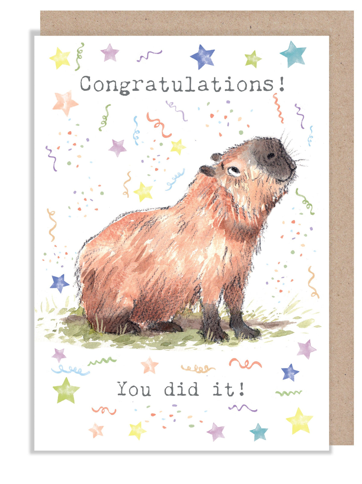 Greeting Card - Congratulations - Capybara with Stars and Streamers