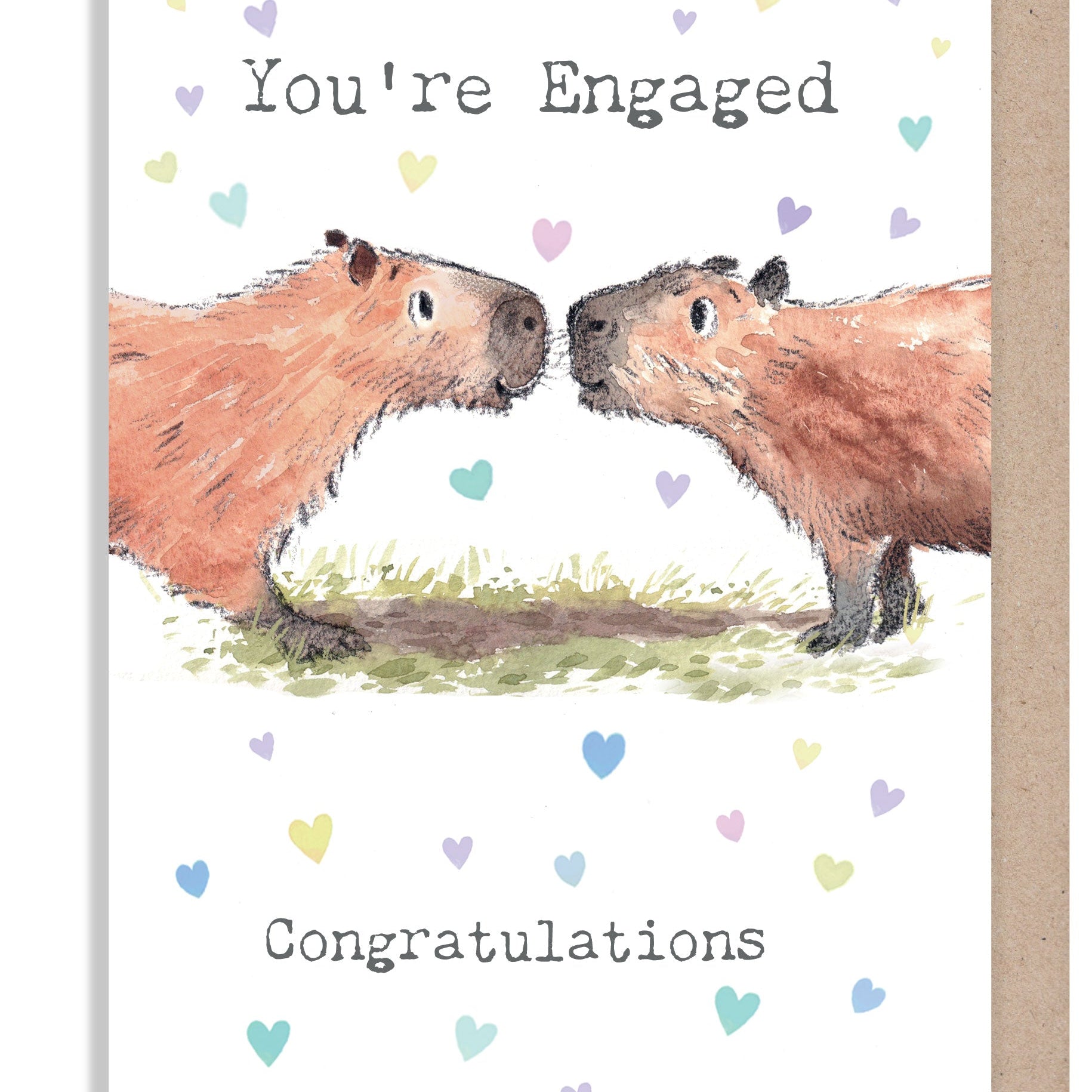 Greeting Card - You're Engaged - 2 Capybaras and Hearts