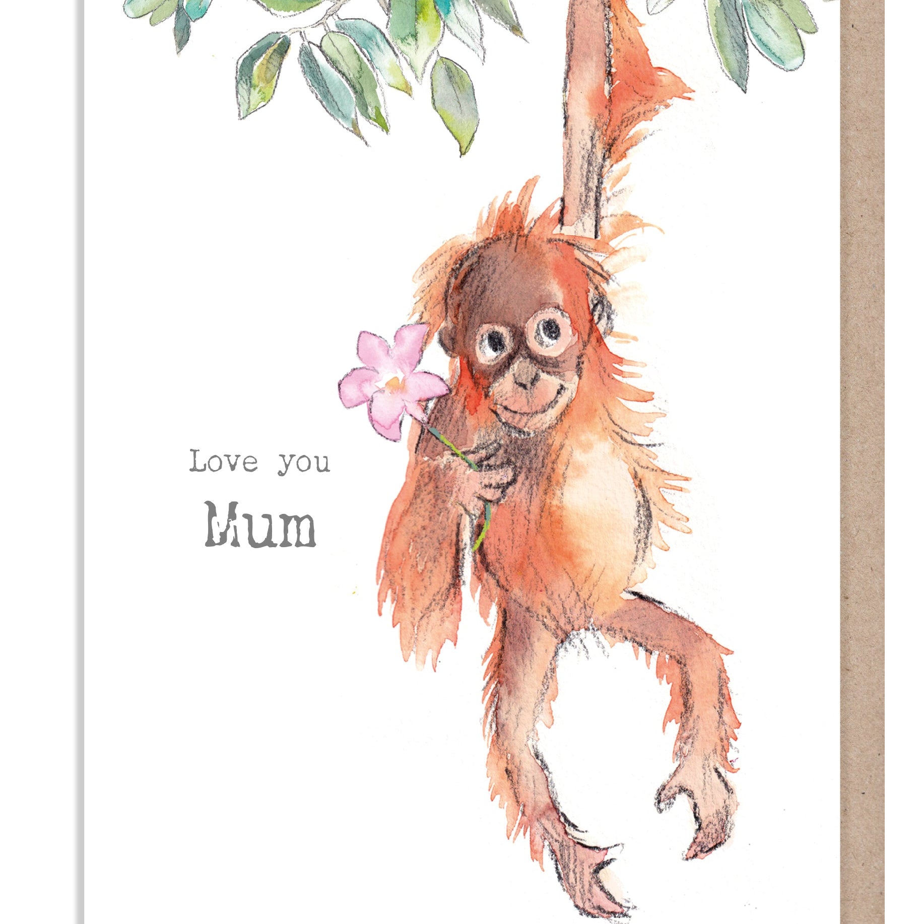 Greeting Card 'Love You Mum' -  Orangutan with Pink Flower - 150 x 150 mm