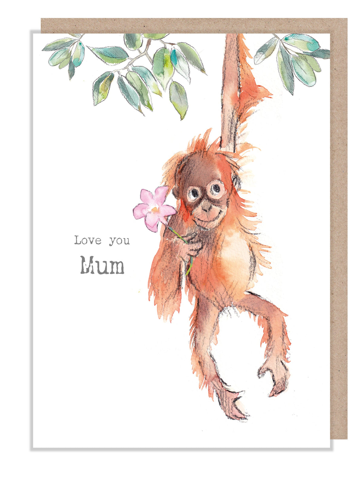Greeting Card 'Love You Mum' -  Orangutan with Pink Flower - 150 x 150 mm