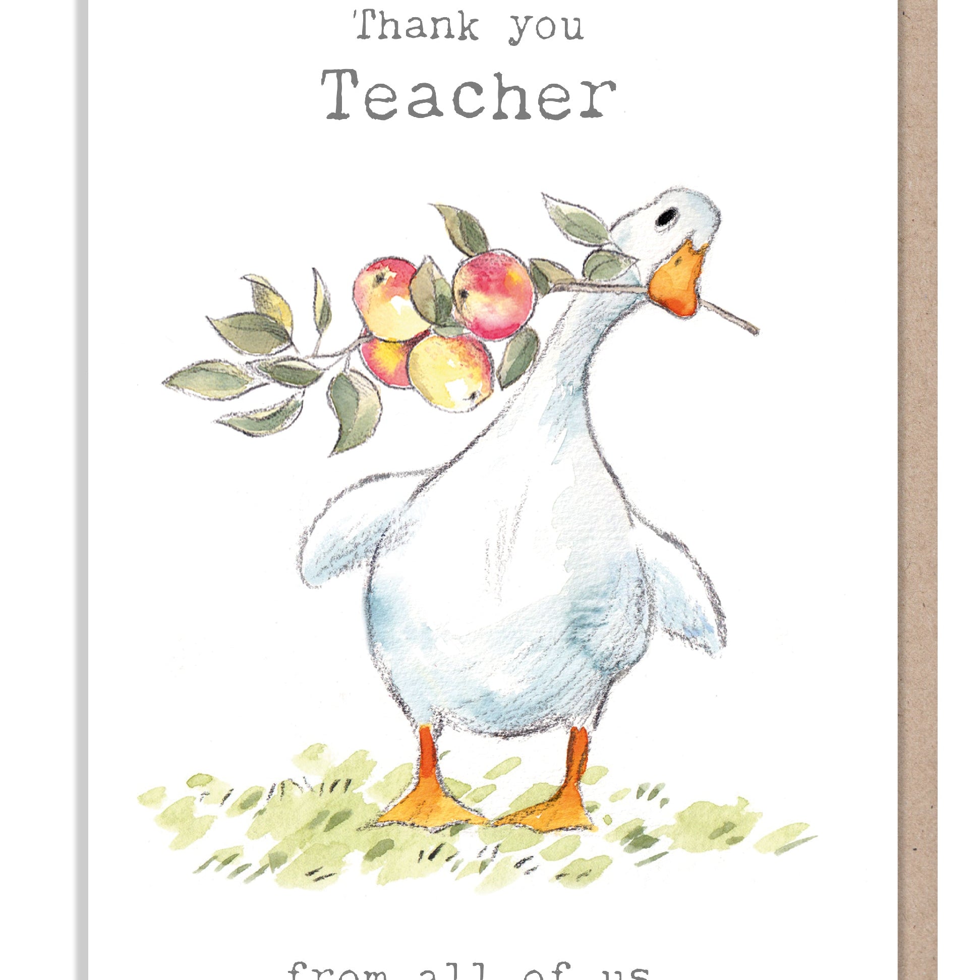 Thank You Teacher Christmas Card - Jumbo Size - White Duck with Apples