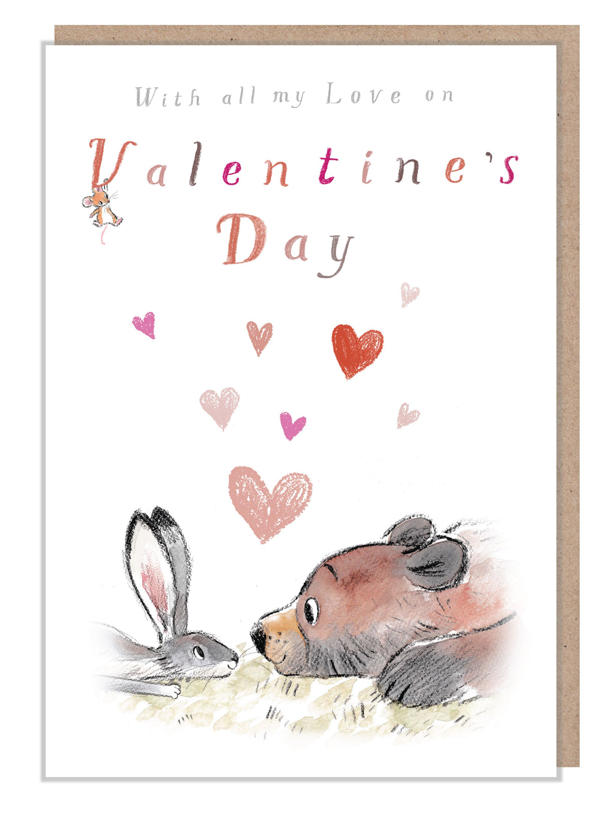 Valentines' Day Card - with All My Love - Bear Looking at Hare, Red Hearts