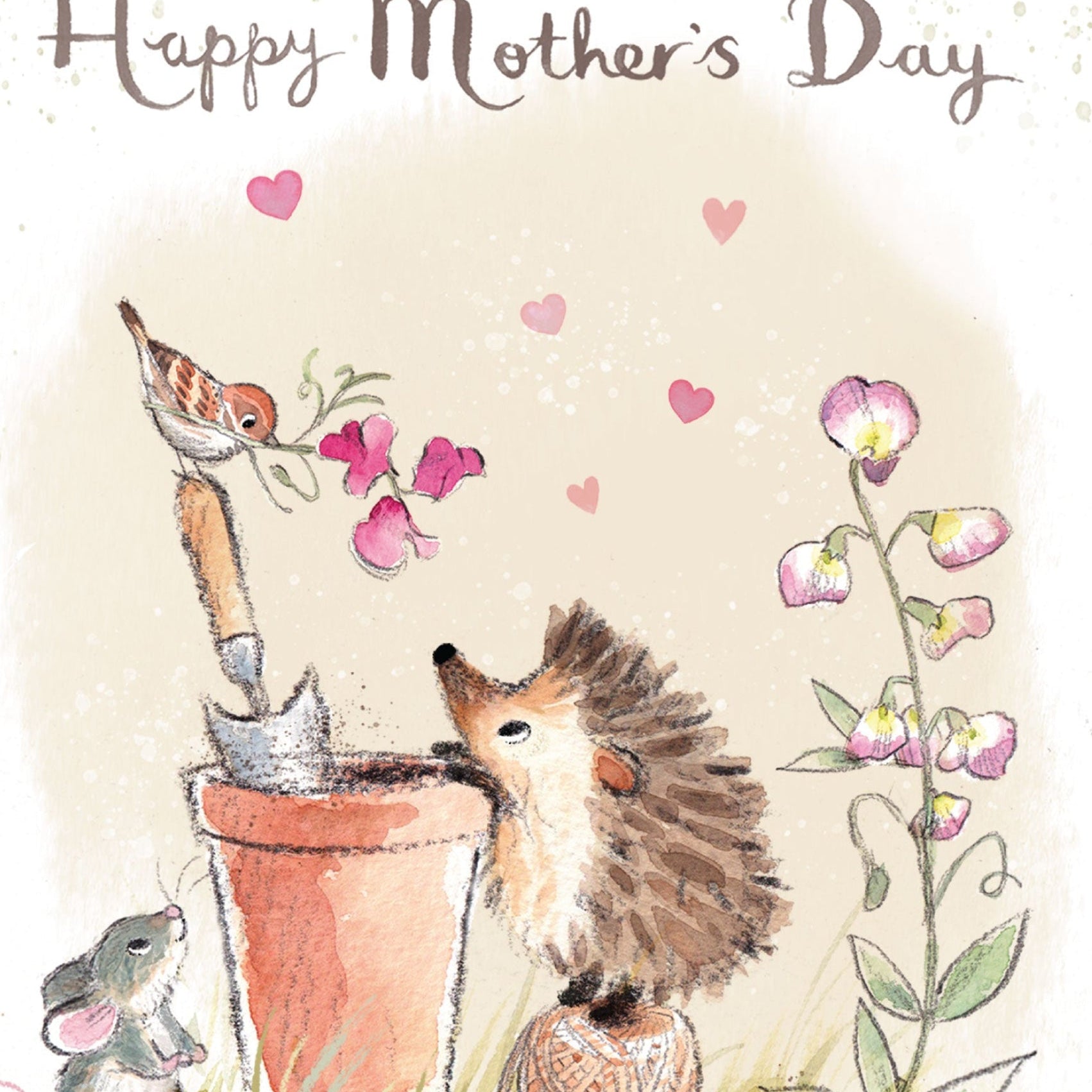 Mother's Day Card - Extra Large - Happy Mother's Day - Hedgehog, Mouse and Bird with Flowers and Flowerpot