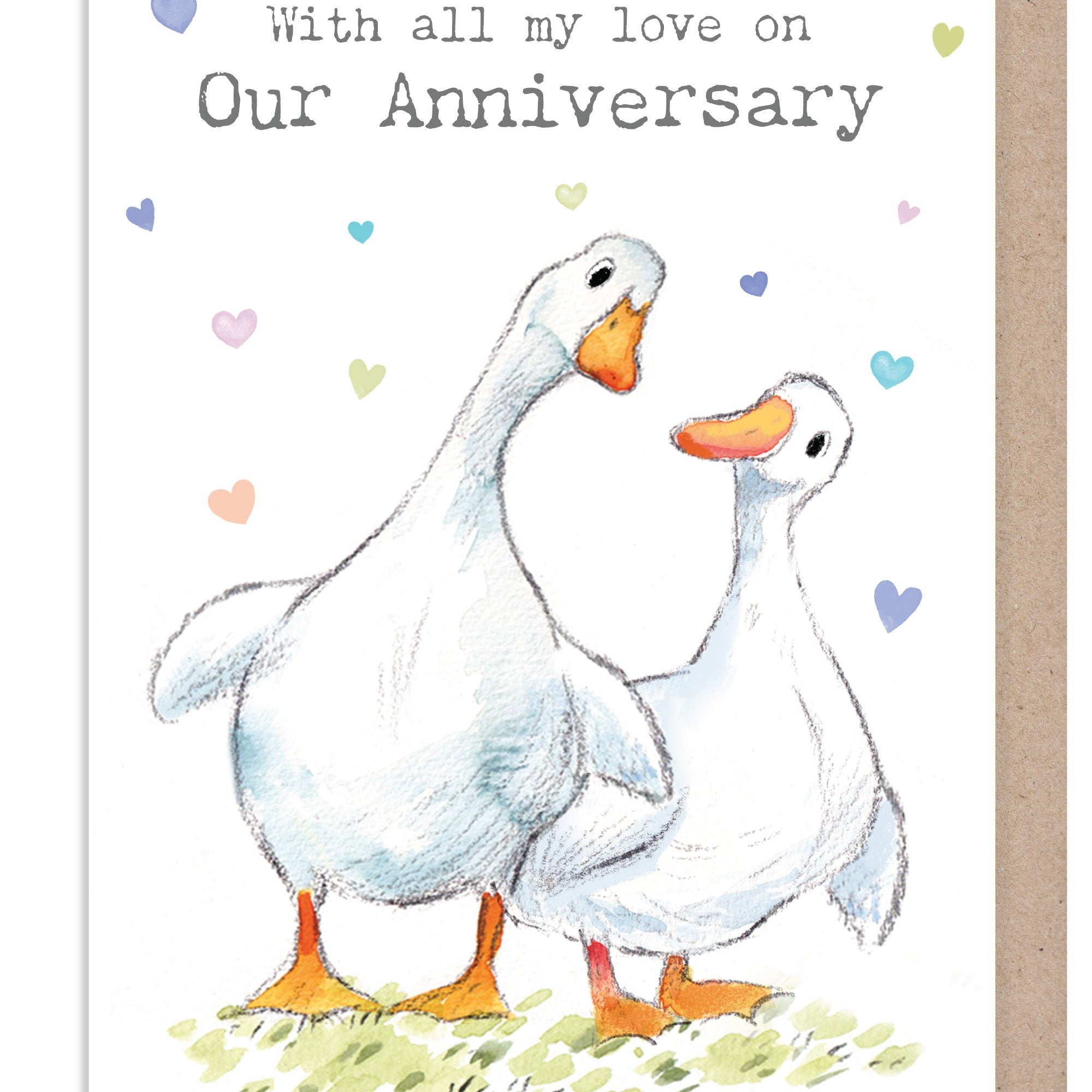 Extra Large Anniversary Card - 2 White Ducks with Hearts