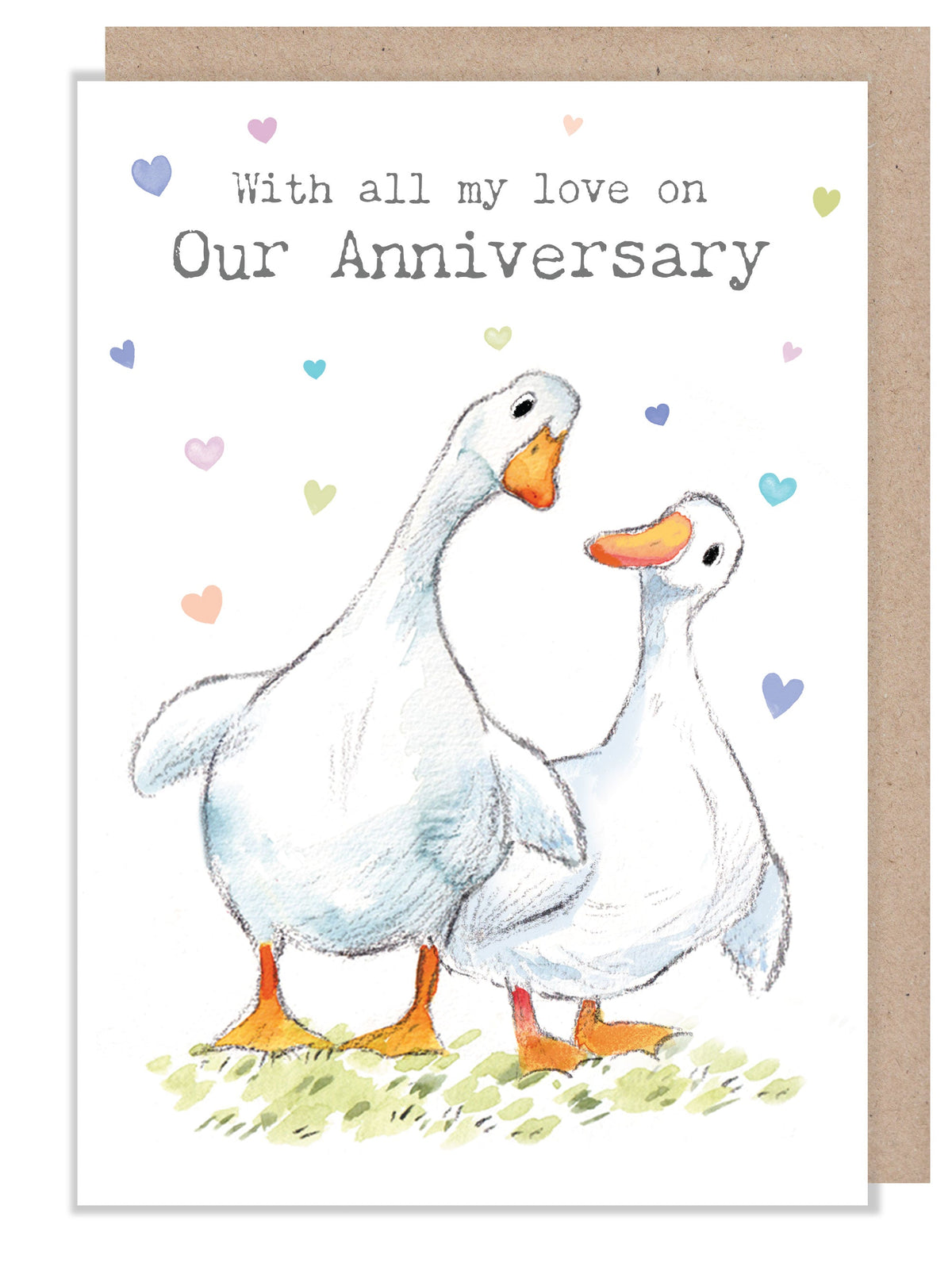 Extra Large Anniversary Card - 2 White Ducks with Hearts