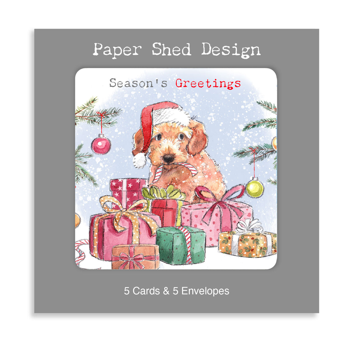 Christmas card Pack - (pack of 5) Puppy with presents