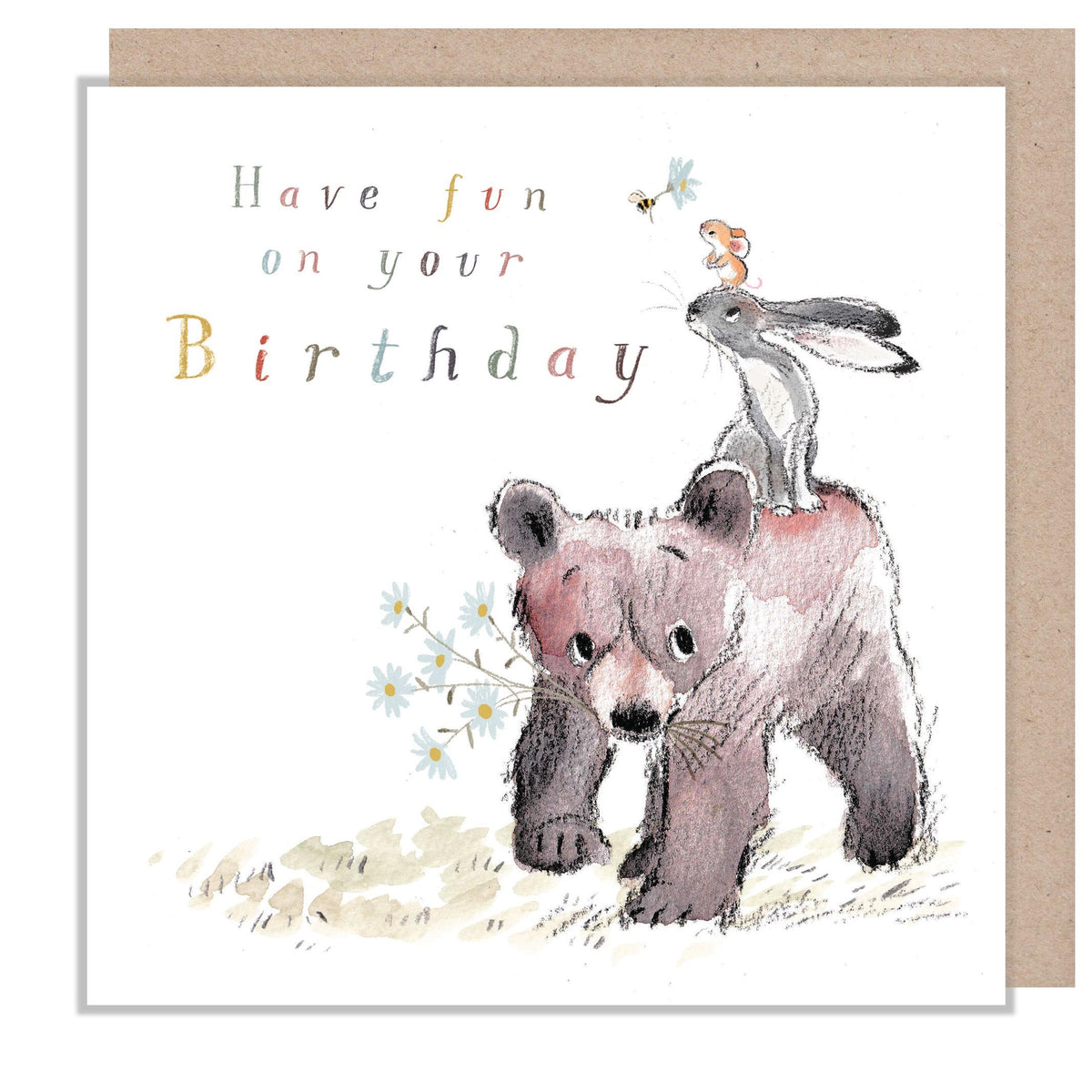 Birthday Card - Have Fun - Mouse and Hare on Bear's Back