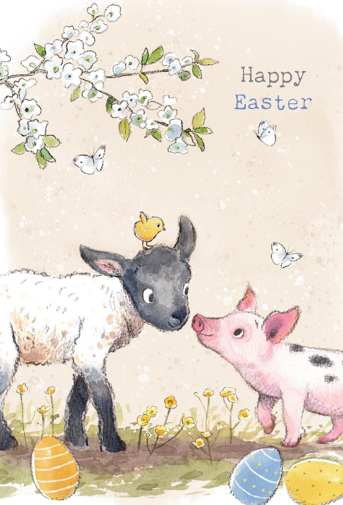 Happy Easter Card - Lamb, Piglet and Chick with Eggs