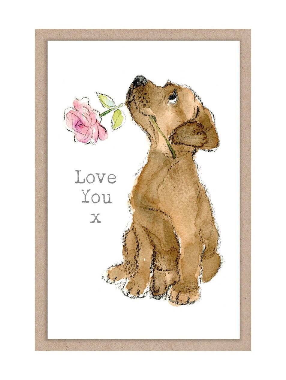 Sentiment Card - Love You - Brown Labrador with Pink Flower