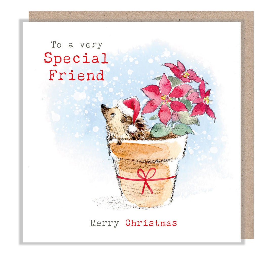 Christmas Card - Hedgehog Wearing Hat - in Flowerpot with Red Poinsettia Flower. to a Very Special Friend