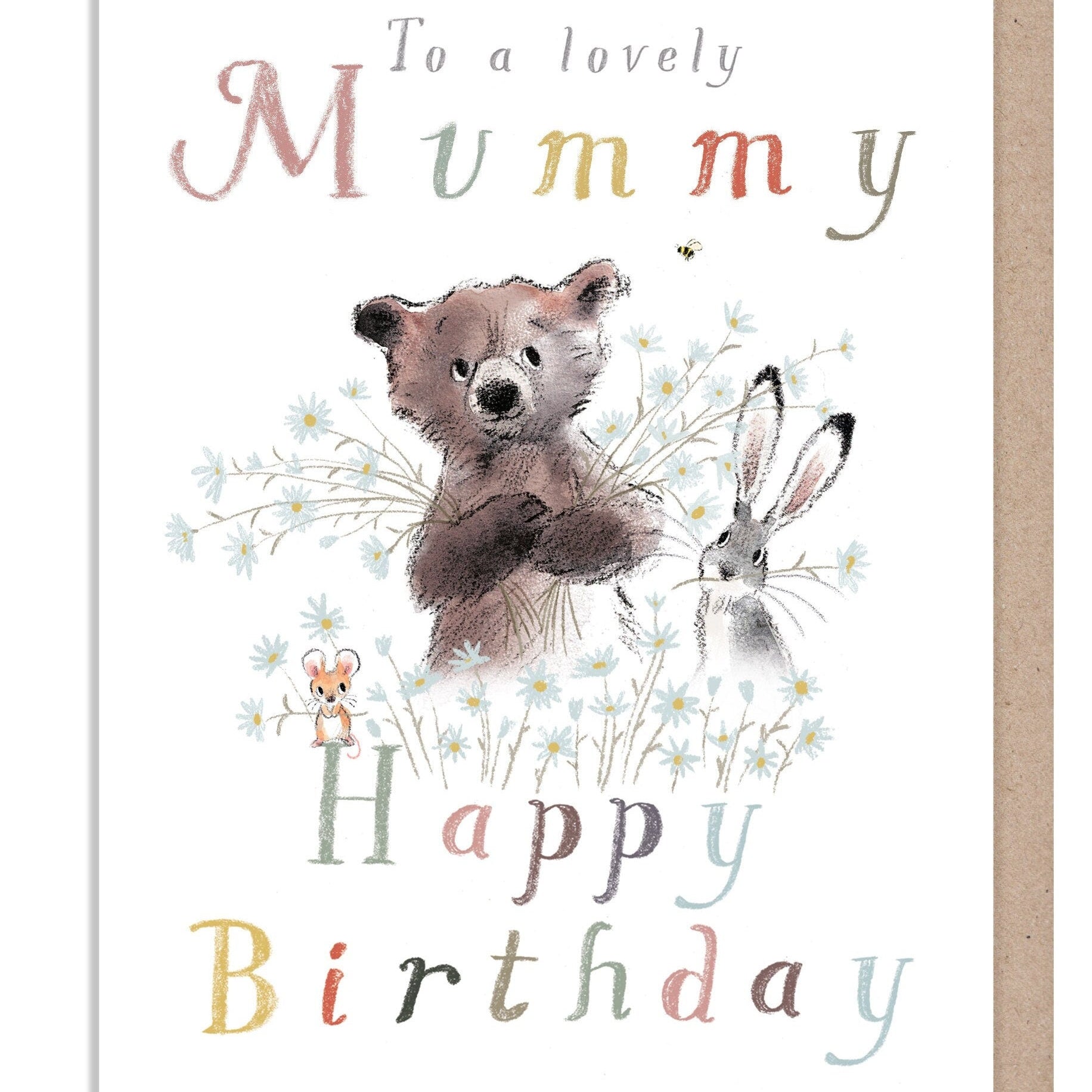 Birthday Card - Lovely Mummy - Bera, Hare and Mouse with Flowers