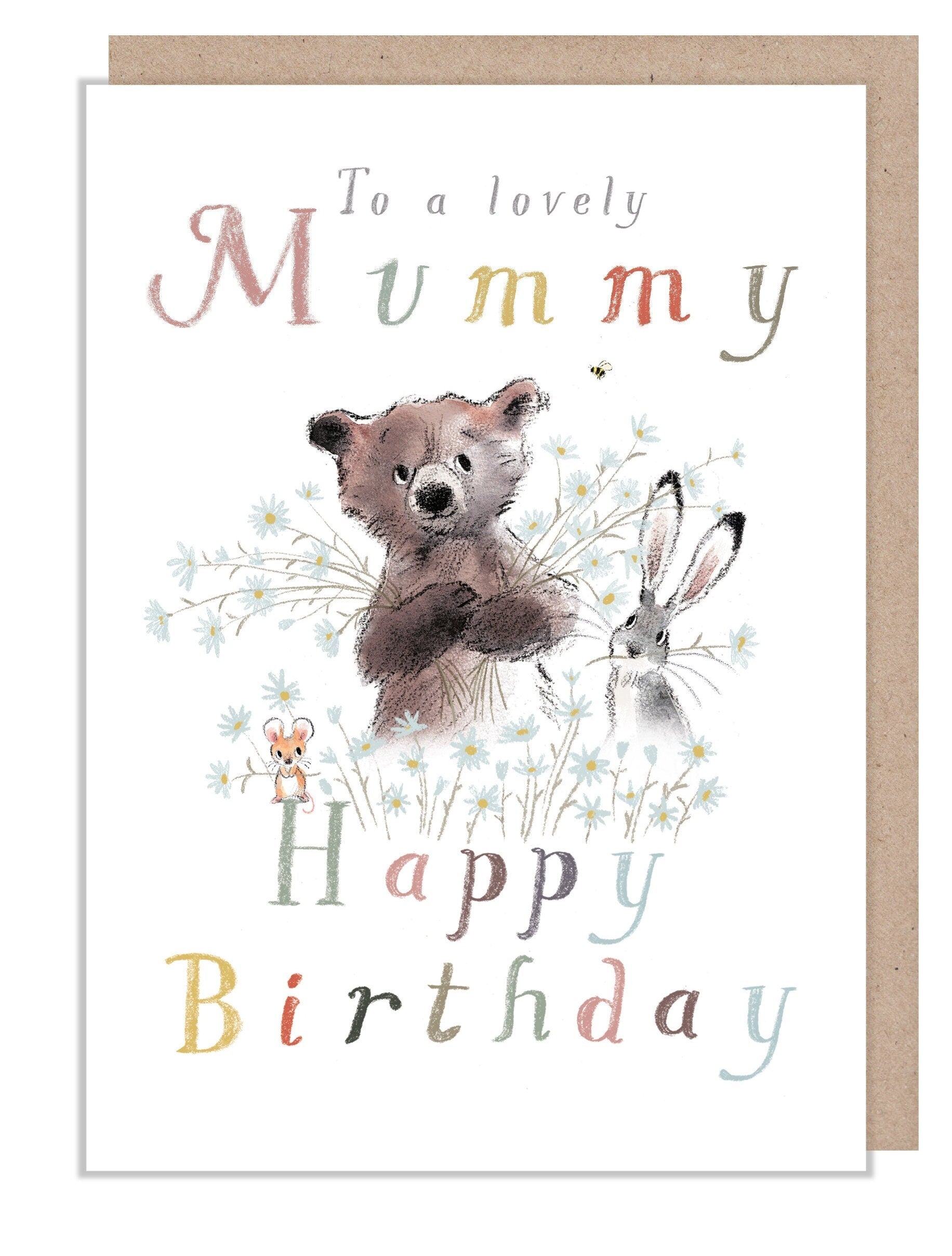 Birthday Card - Lovely Mummy - Bera, Hare and Mouse with Flowers