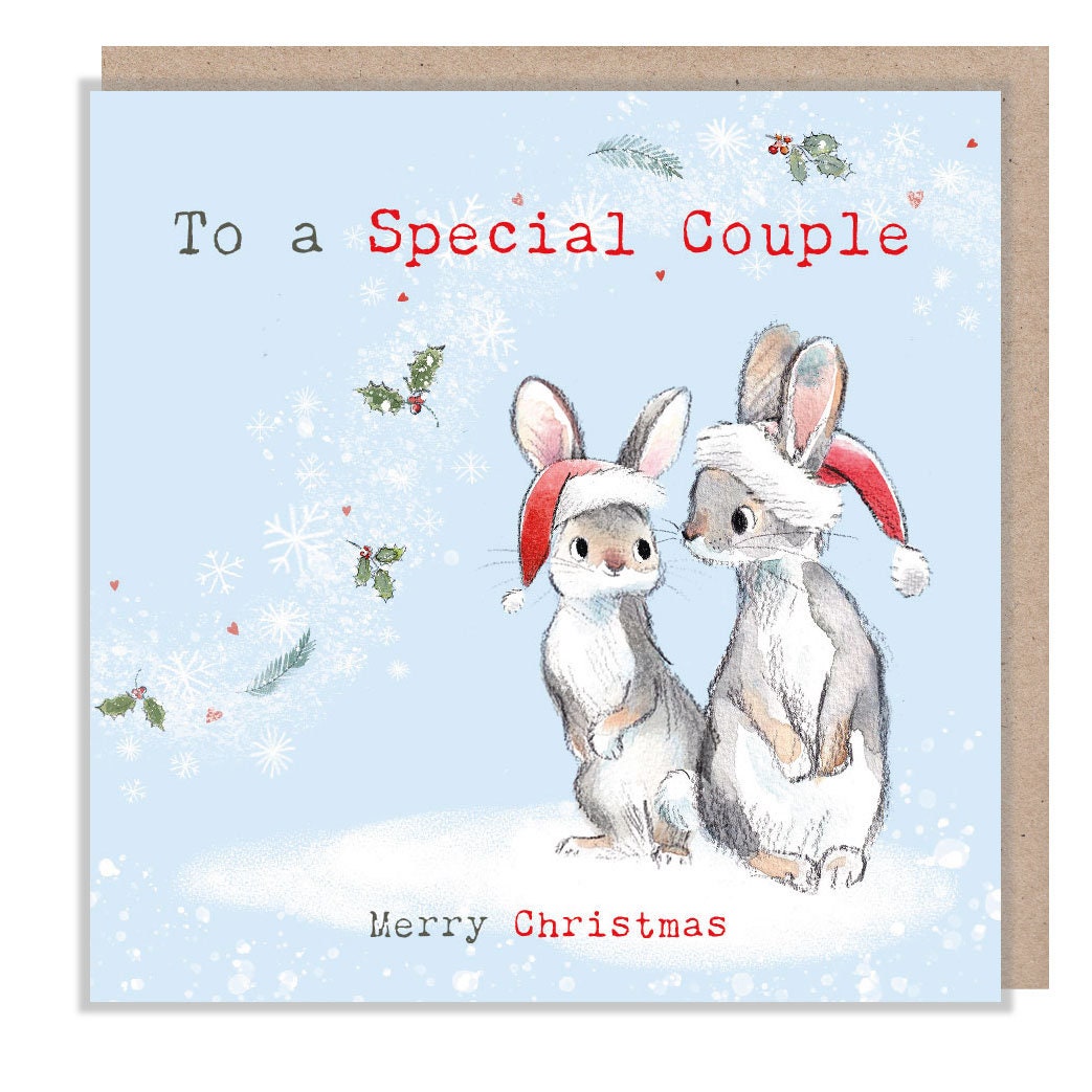 Christmas Card - 2 x Rabbits Wearing Hats - Foliage Blowing in the Wind. to a Special Couple