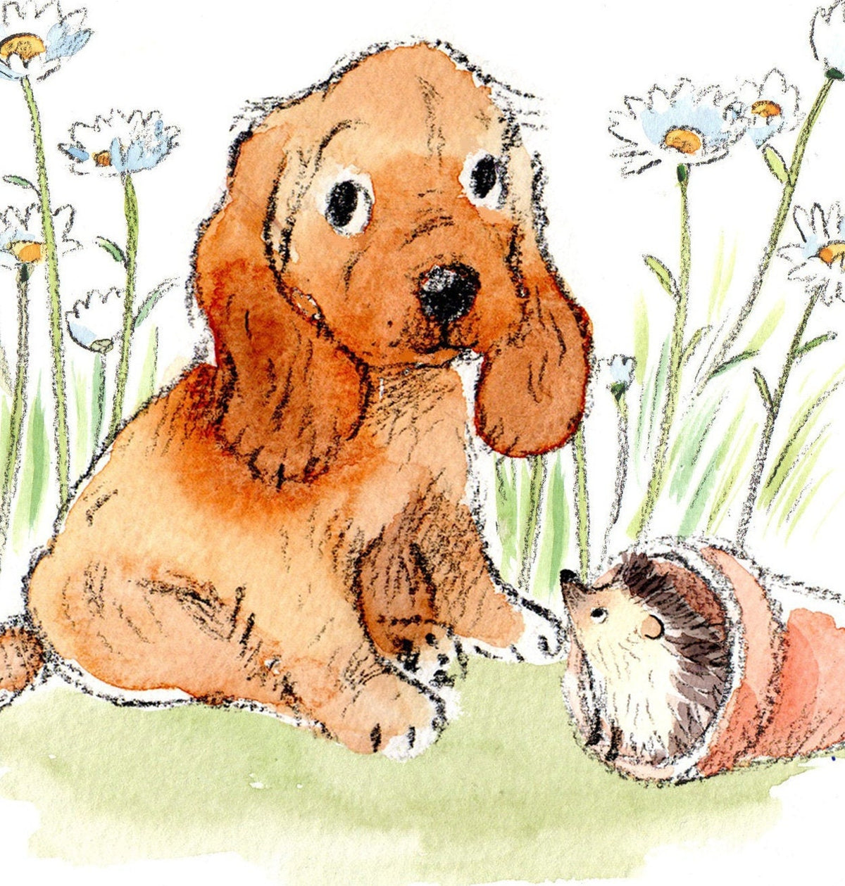 Cute Dog Card - Blank  - Sitting Cocker Spaniel with Daisies Ans Hedgehog