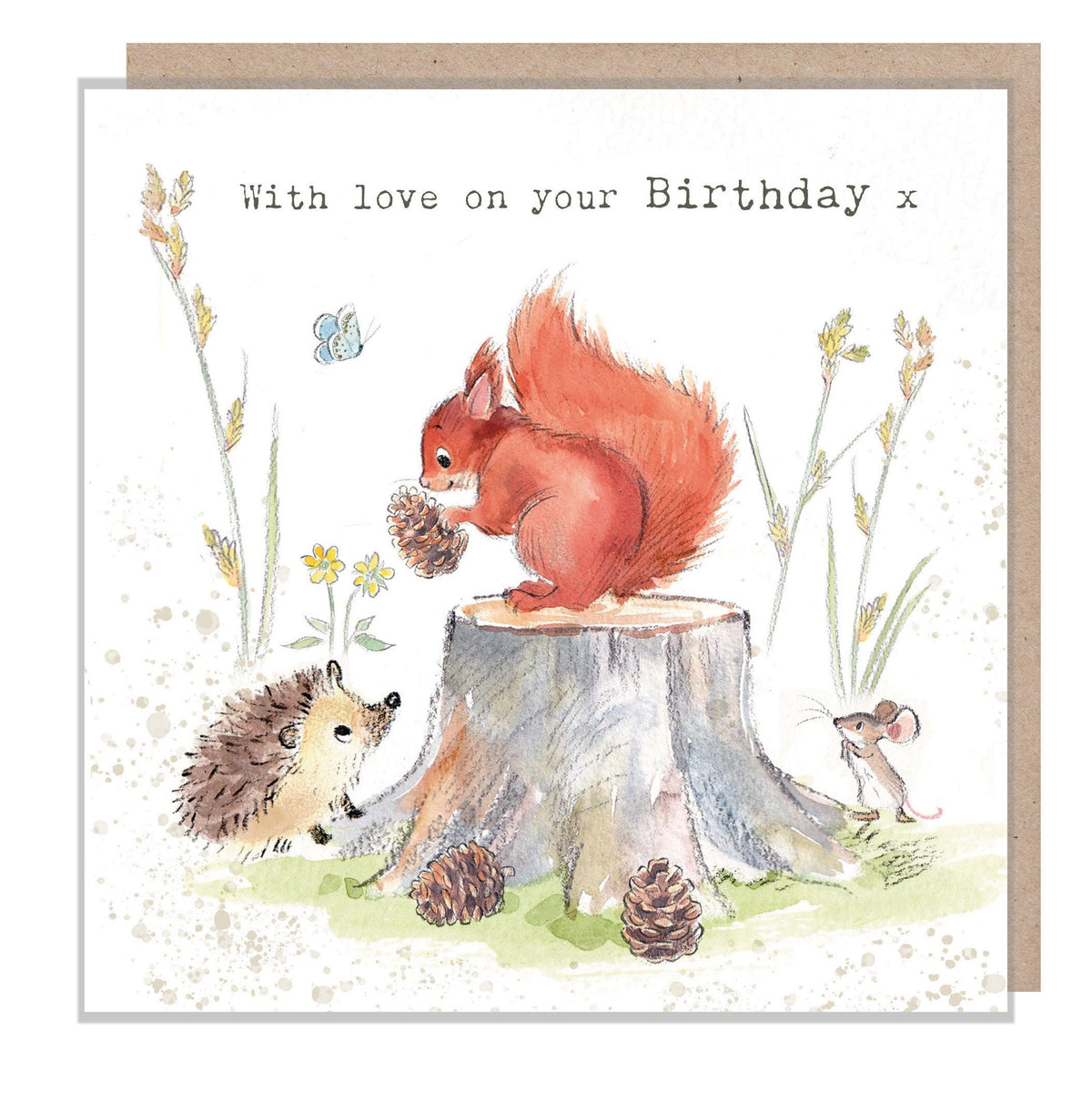 Cute Squirrel Card- with Love on Your Birthday - Red Squirrel Holding Pine Cone on Log with Hedgehog and Mouse