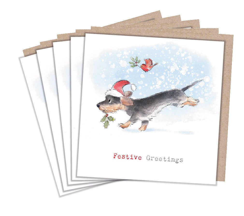Christmas Card Pack - Sausage Dog with Robin
