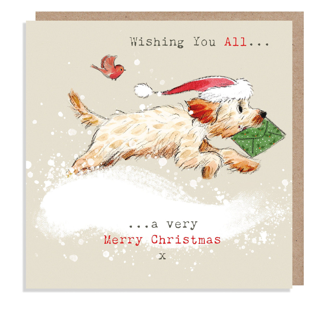 Christmas Card - Wishing You All... - Cockapoo Carrying Envelope Running Through Snow.