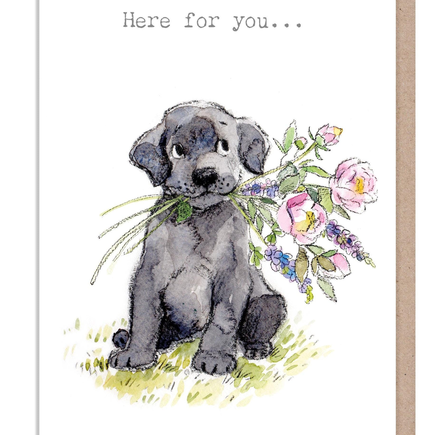 Greeting Card - Here For You... - Black Labrador Puupy with Flowers