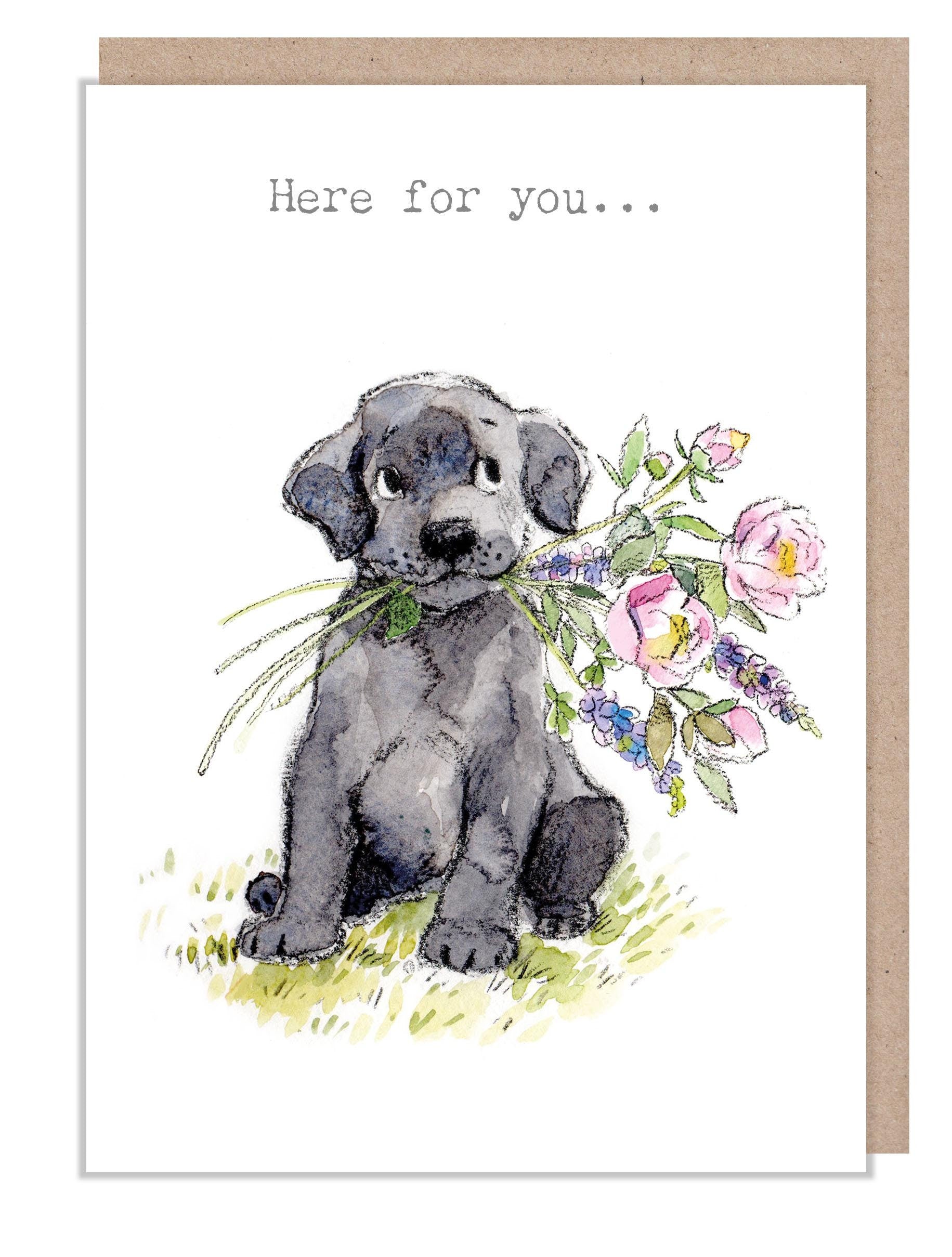 Greeting Card - Here For You... - Black Labrador Puupy with Flowers