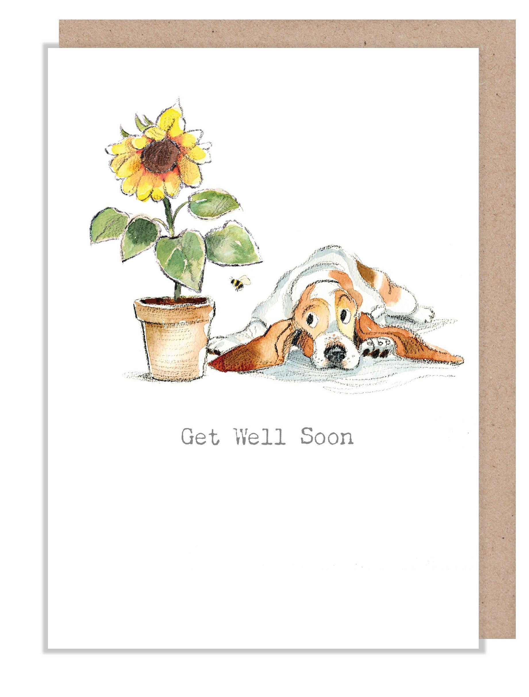 Greeting Card - Get Well Soon - Basset with Sunflower