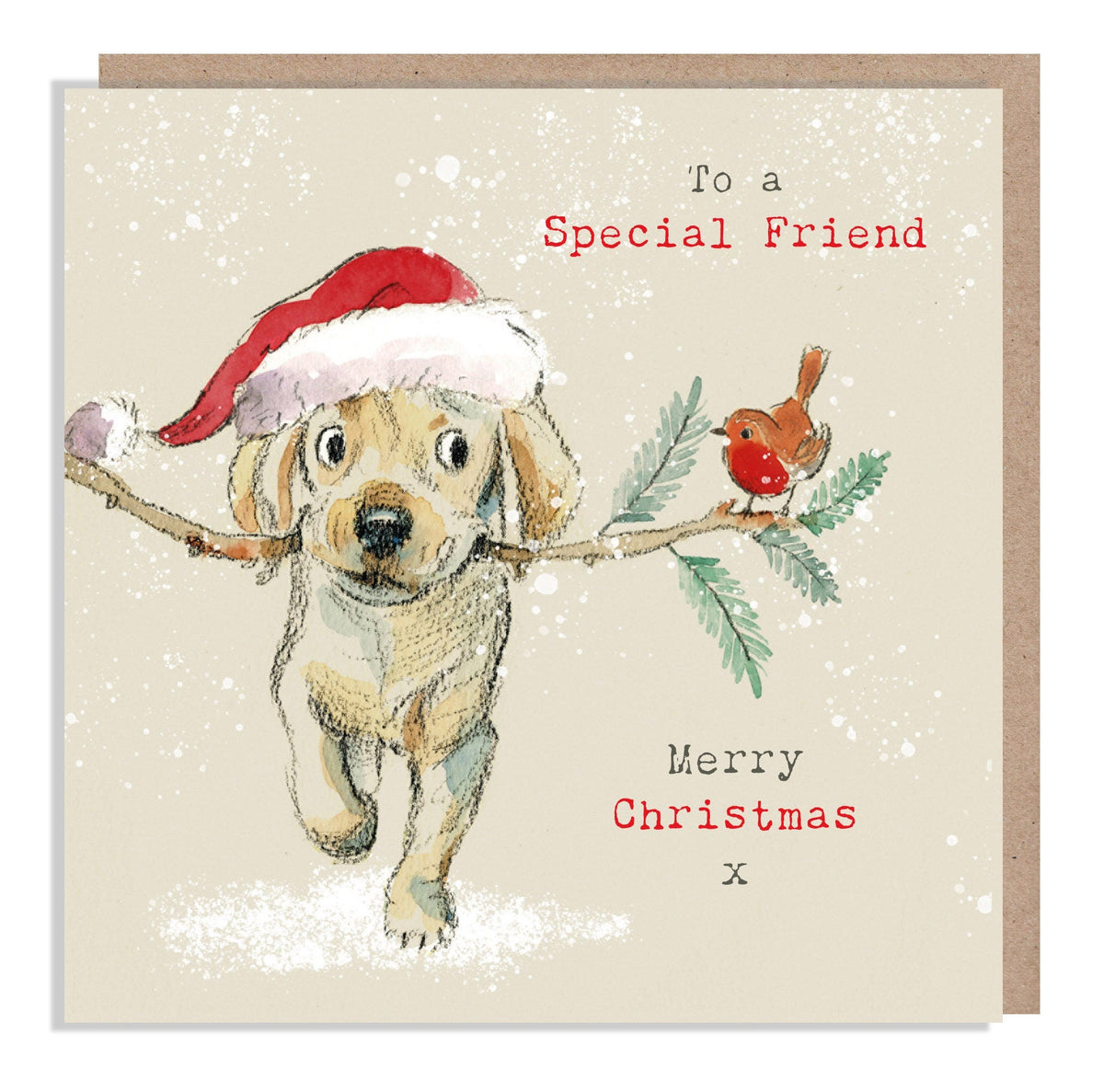 Christmas Card - to a Special Friend - Golden Labrador/Retriever Carrying Stick with Robin.
