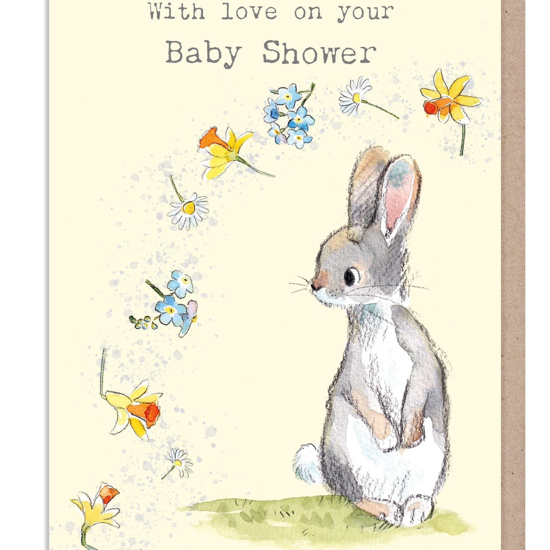 Greeting Card - Baby Shower - Rabbit with Blowing Flowers