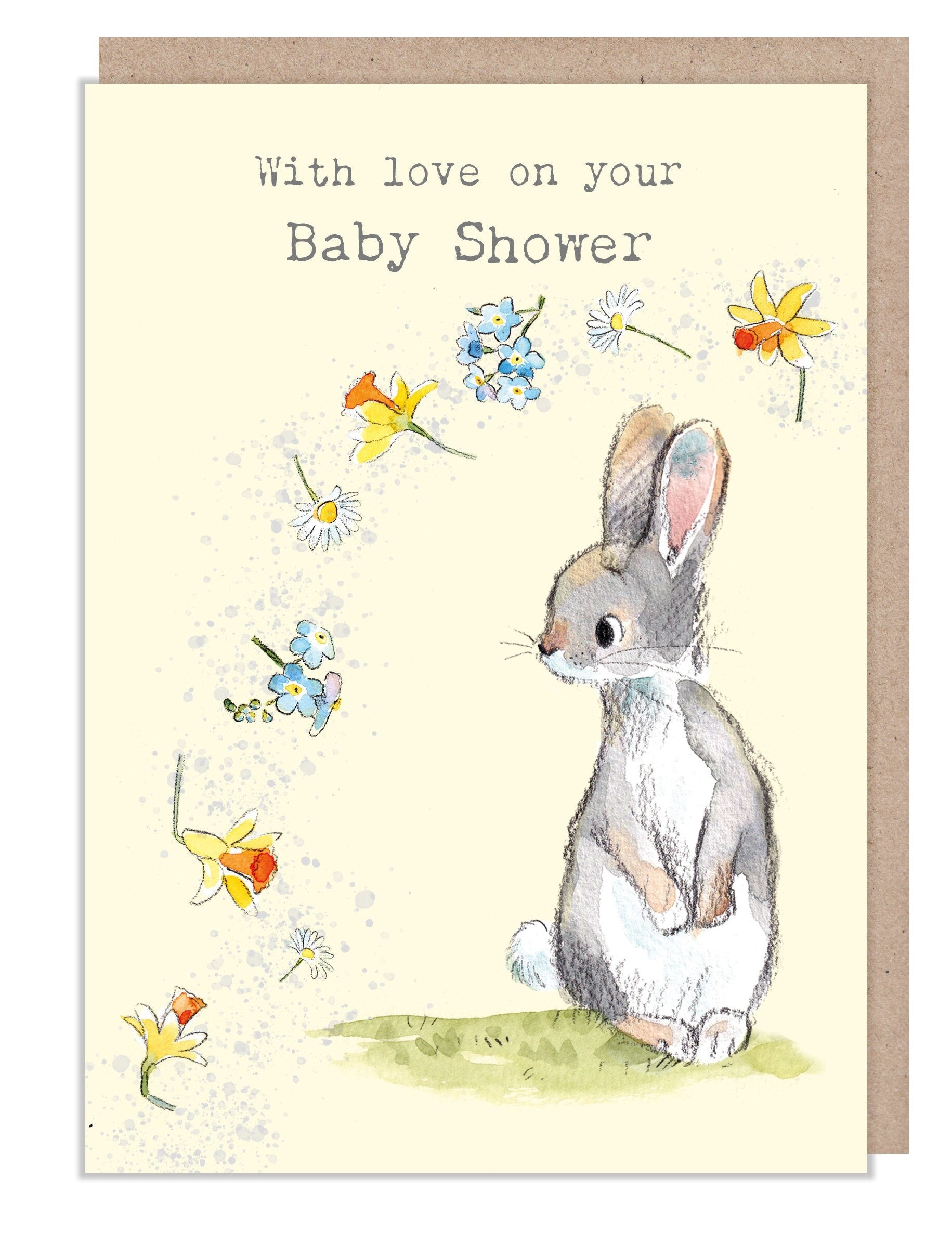 Greeting Card - Baby Shower - Rabbit with Blowing Flowers