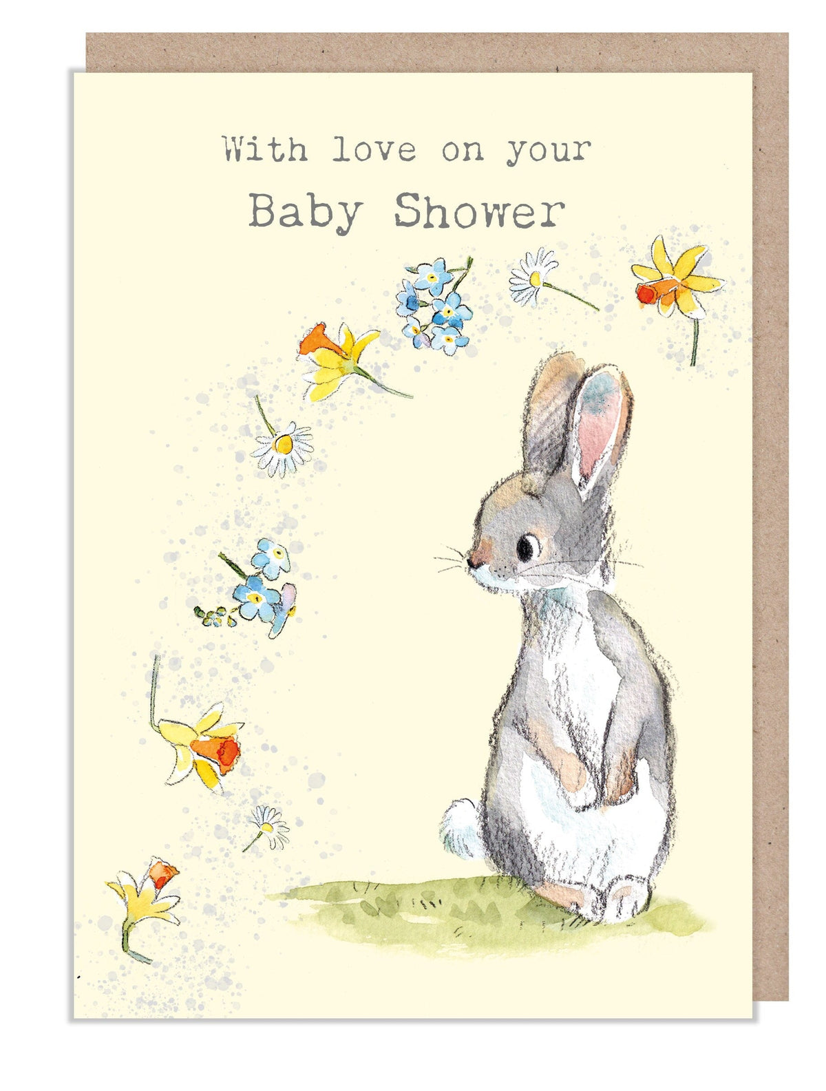 Greeting Card - Baby Shower - Rabbit with Blowing Flowers