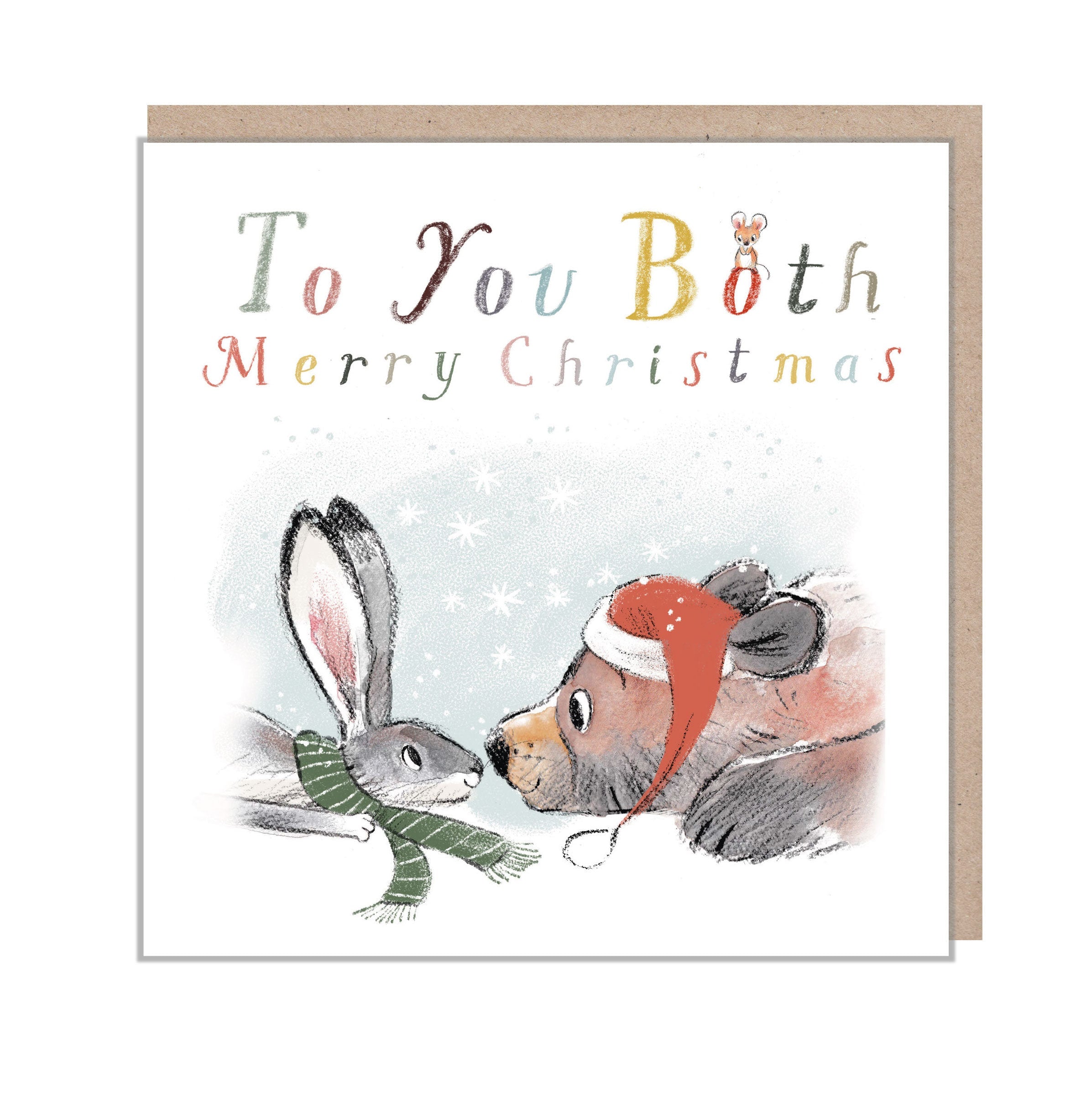 Christmas Card - to You Both - Hare and Bear Staring at Each Other.