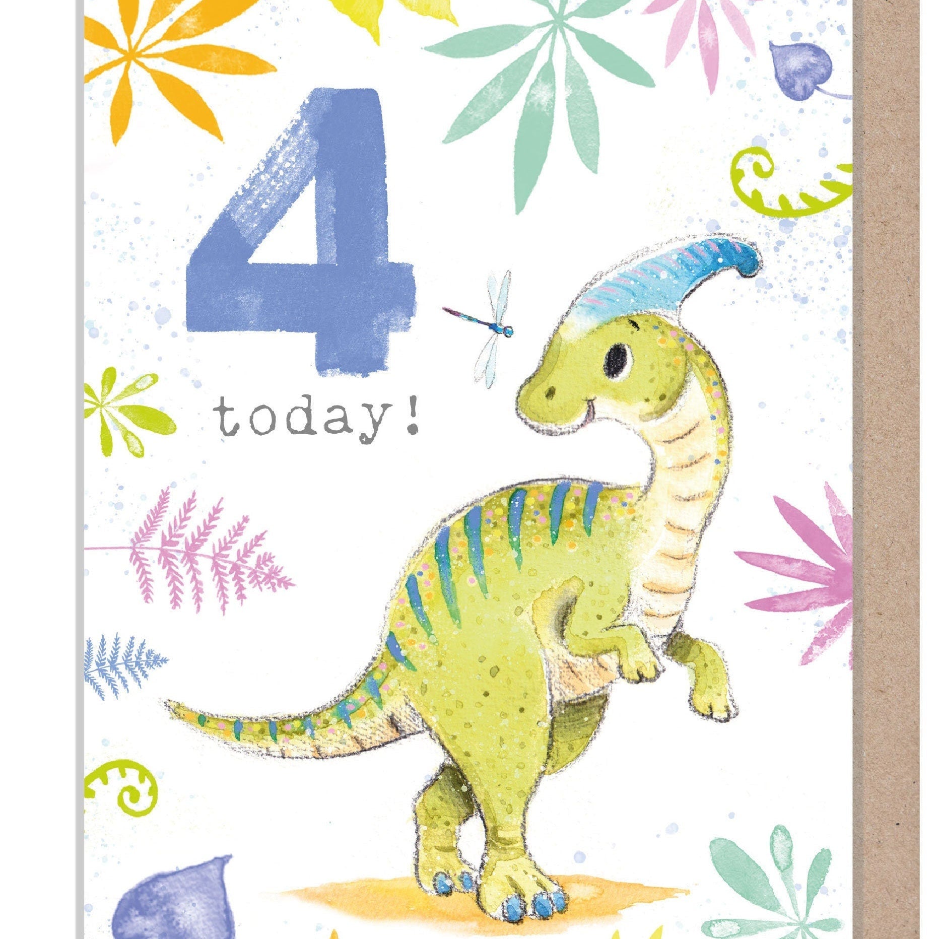 Greeting Cards - Age 4 - Parasauralophus Dinosaur with Dragonfly