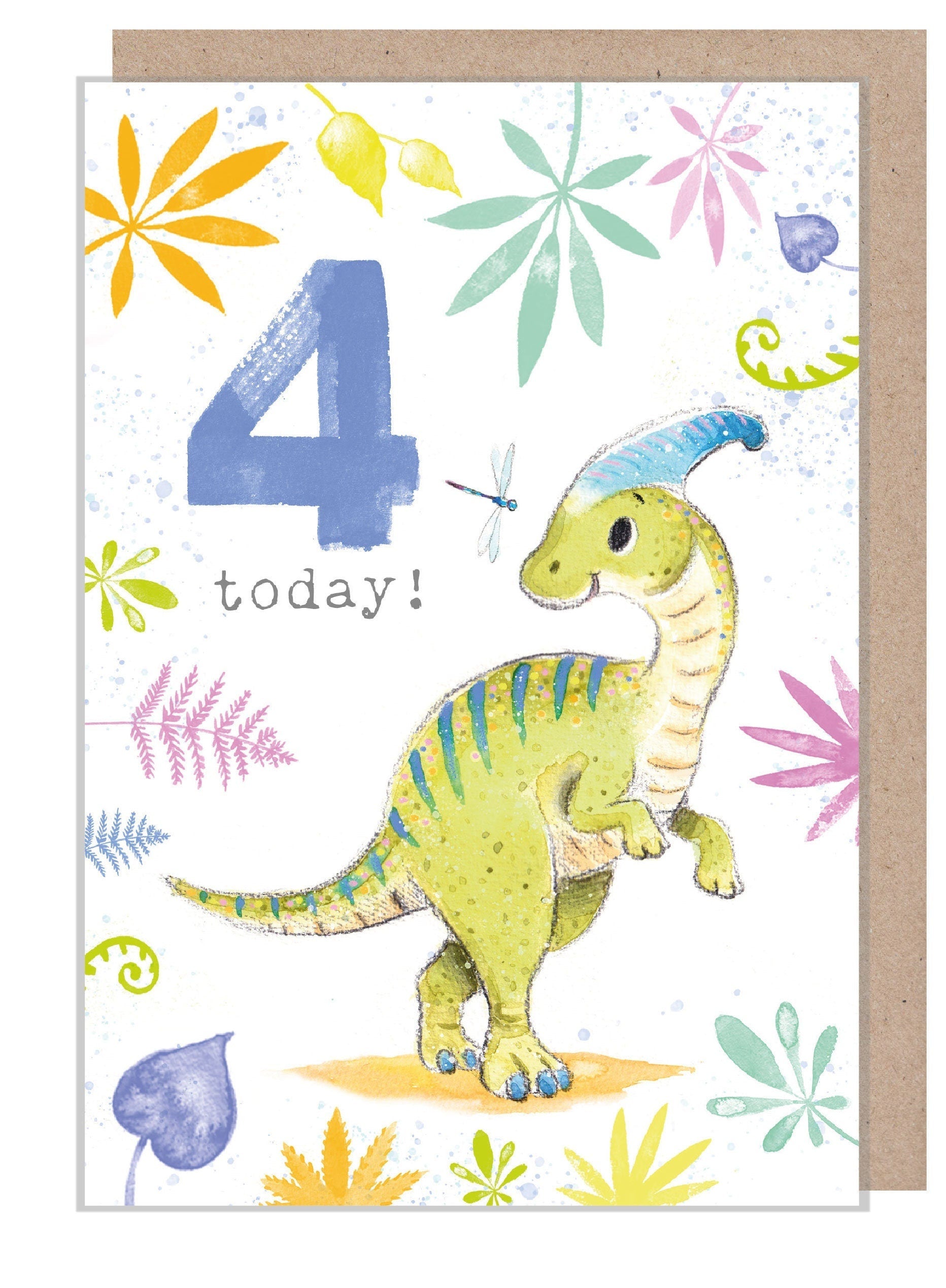 Greeting Cards - Age 4 - Parasauralophus Dinosaur with Dragonfly