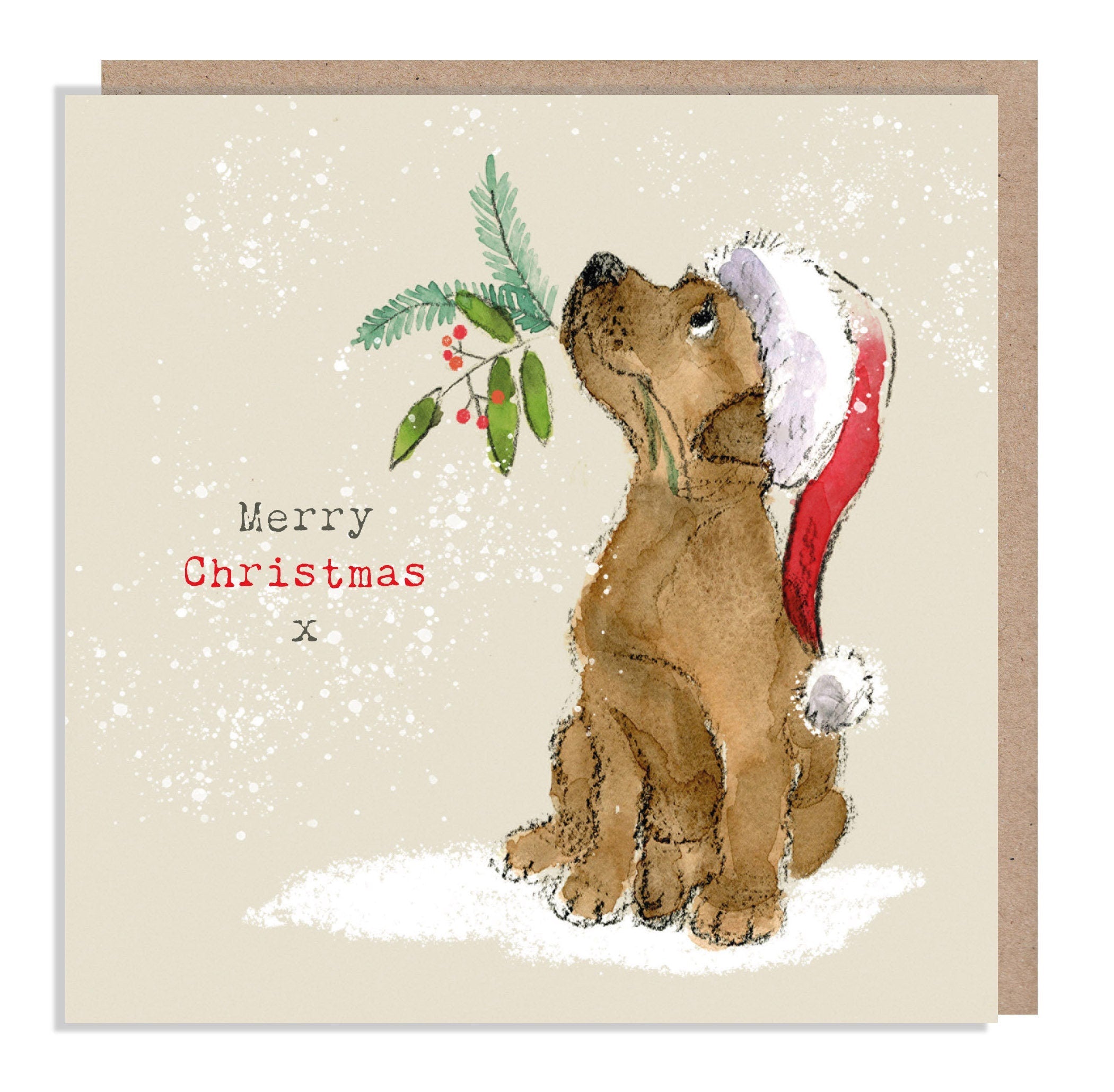 Christmas Card - Merry Christmas - Brown Labrador Puppy Looking Up with Christmas Foliage in It's Mouth.