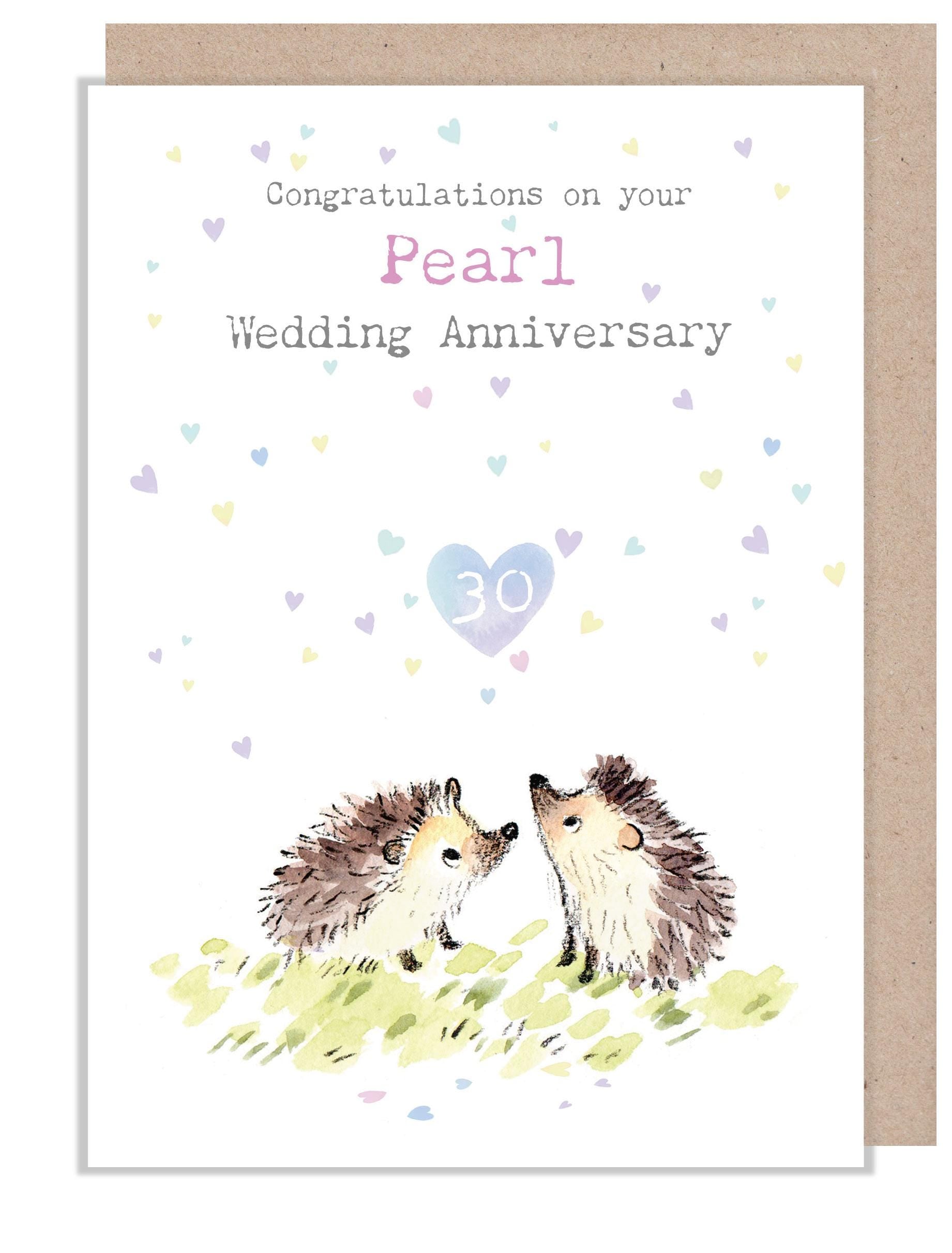 Greeting Card - Pearl Wedding Anniversary - Two Hedgehogs with Hearts