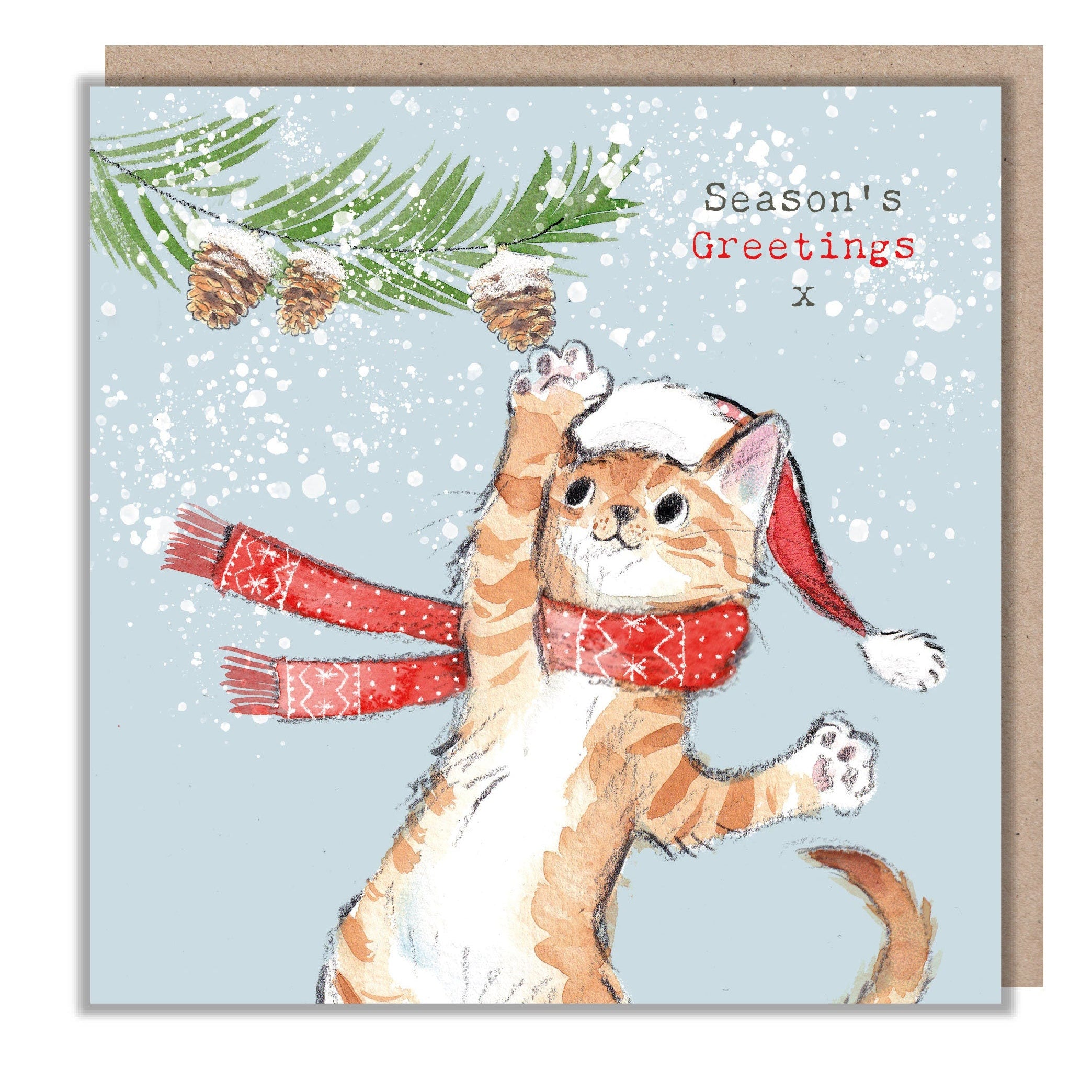Christmas Card - Season's Greetings - Ginger Tabby Cat Pawing a Pine Cone.