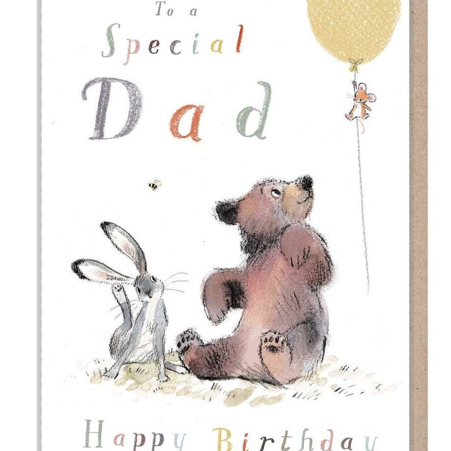 Birthday Card - Dad - Bear, Hare and Mouse with Yellow Balloon