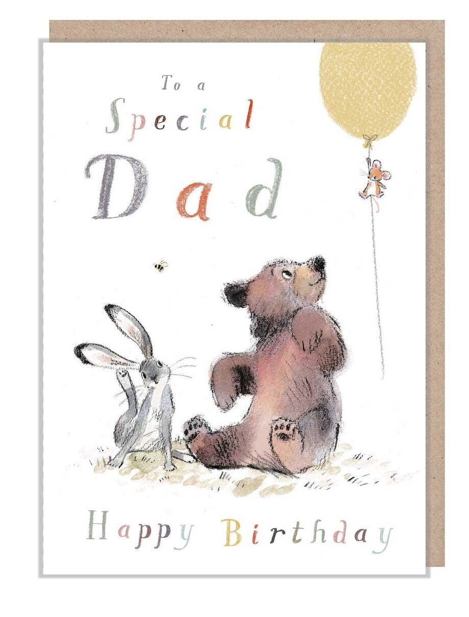 Birthday Card - Dad - Bear, Hare and Mouse with Yellow Balloon
