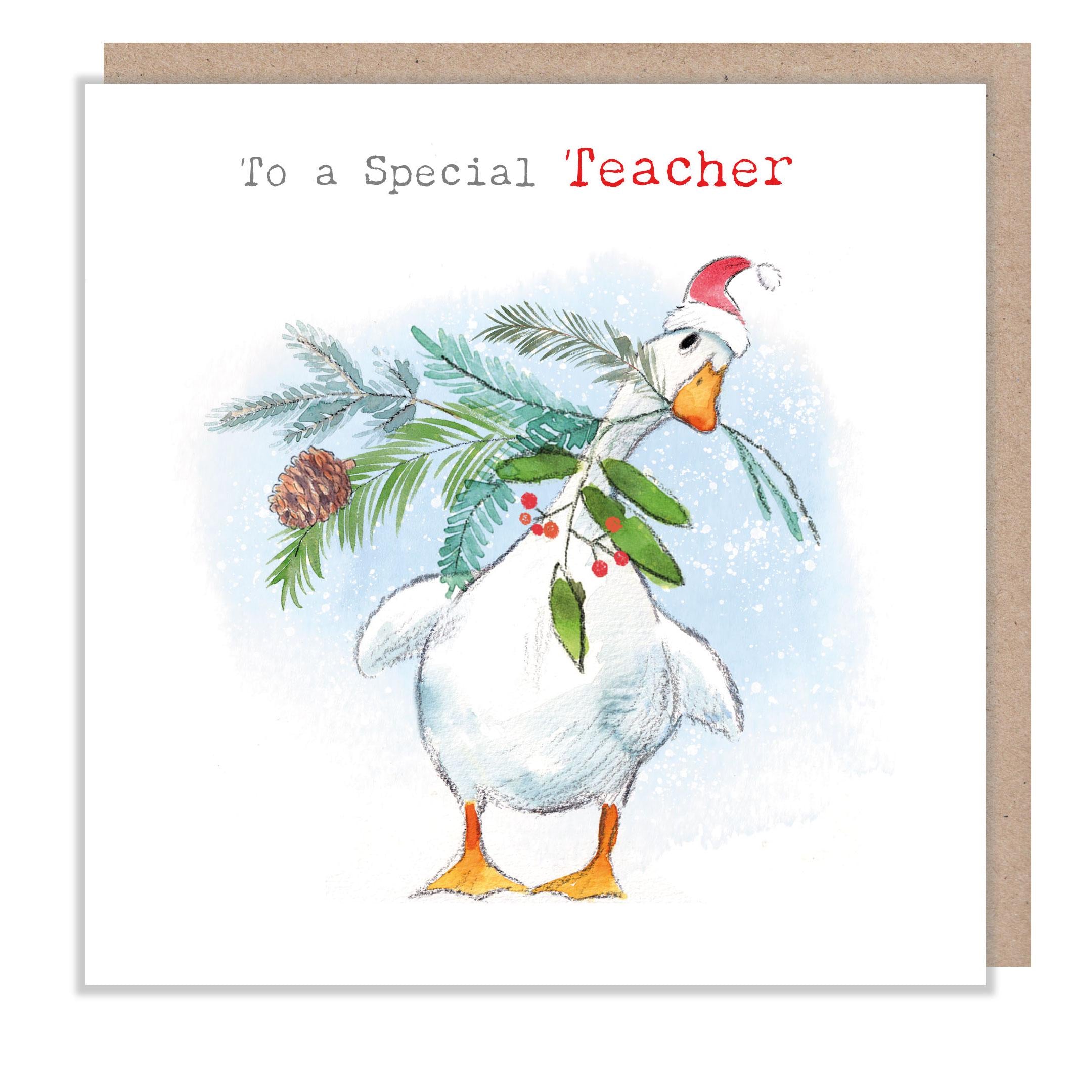 To a Special Teacher Christmas Card - White Duck with Foliage