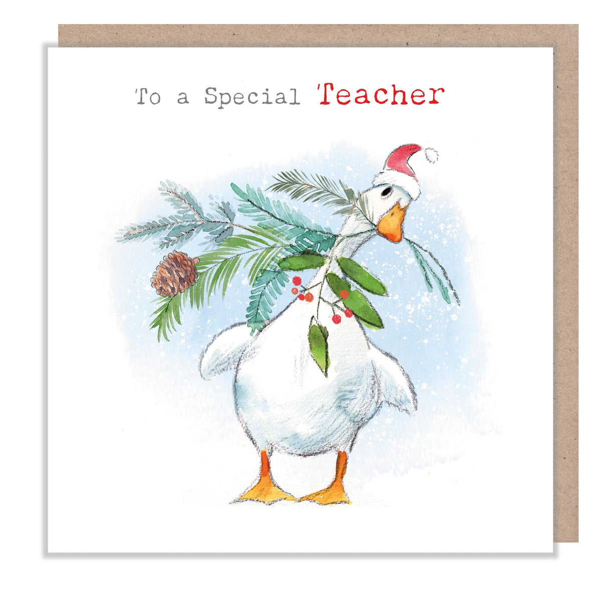 To a Special Teacher Christmas Card - White Duck with Foliage