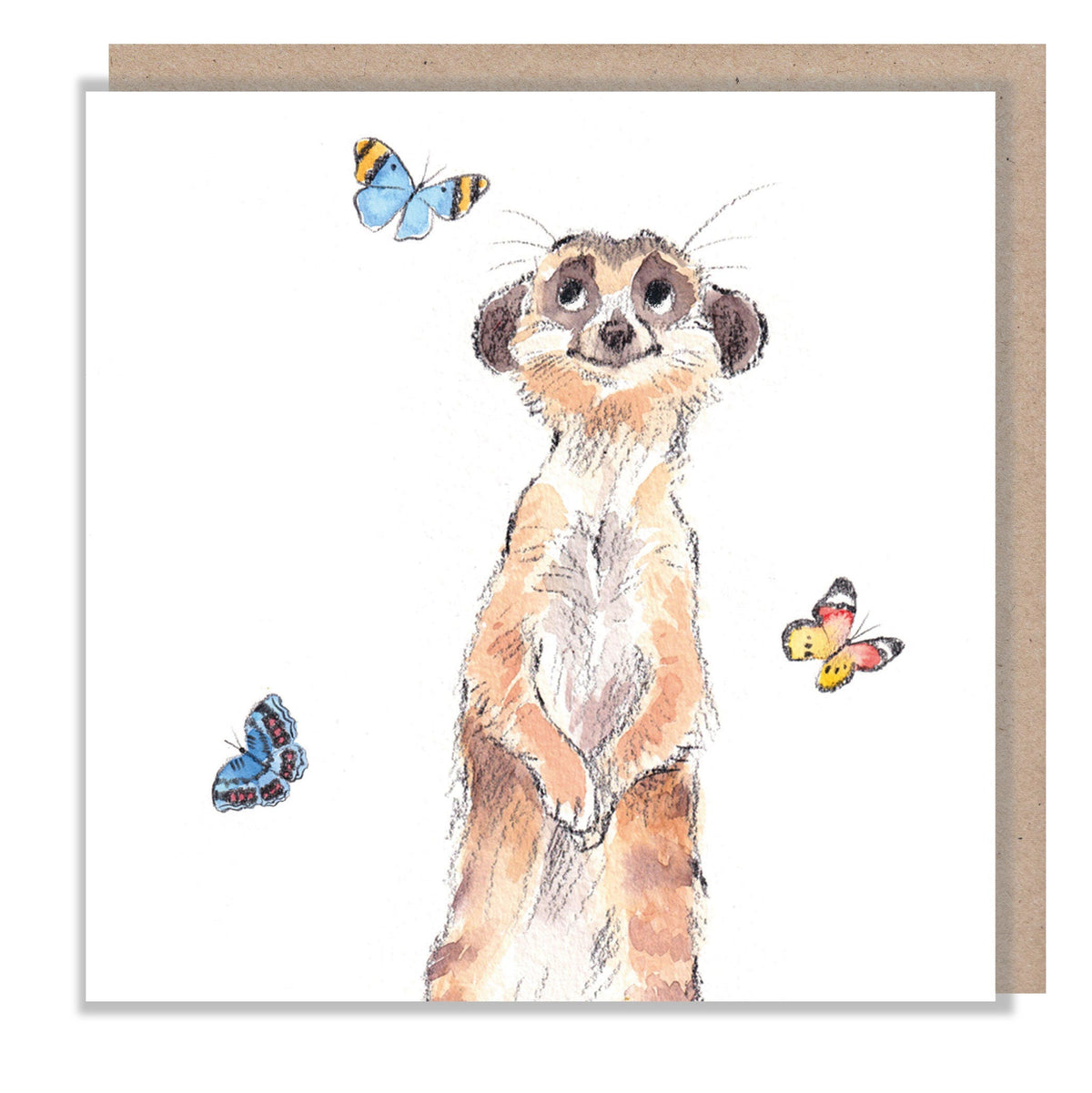 Blank Card - Cute Meerkat with 3 Butterflies