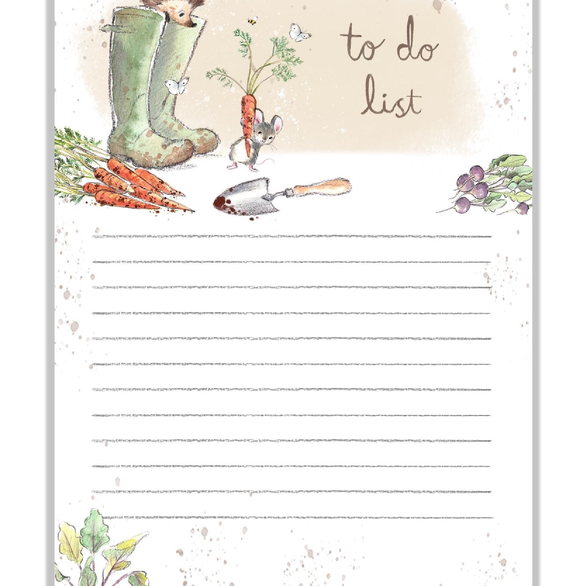 Note Pad - 100 Sheets - to Do List - Hedgehog and Mouse, Green Boots and Vegetables