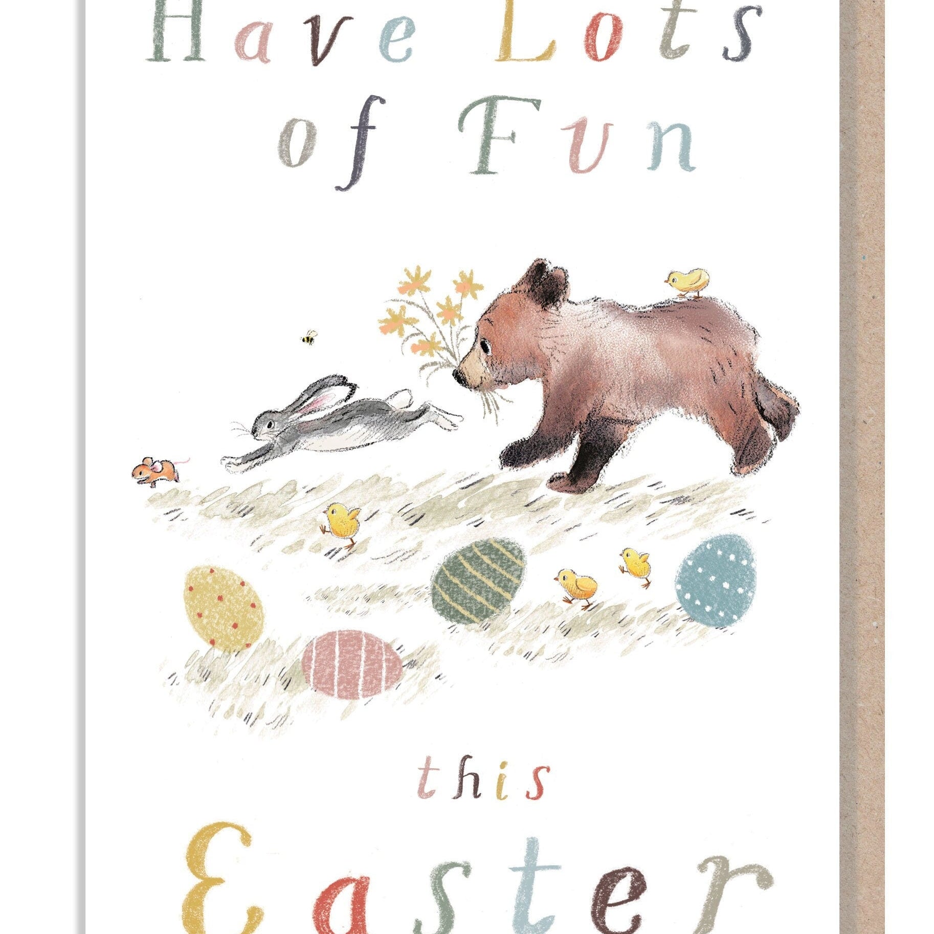 Fun Easter Card - Running Bear Hare and Mouse with Flowers Eggs and Chicks
