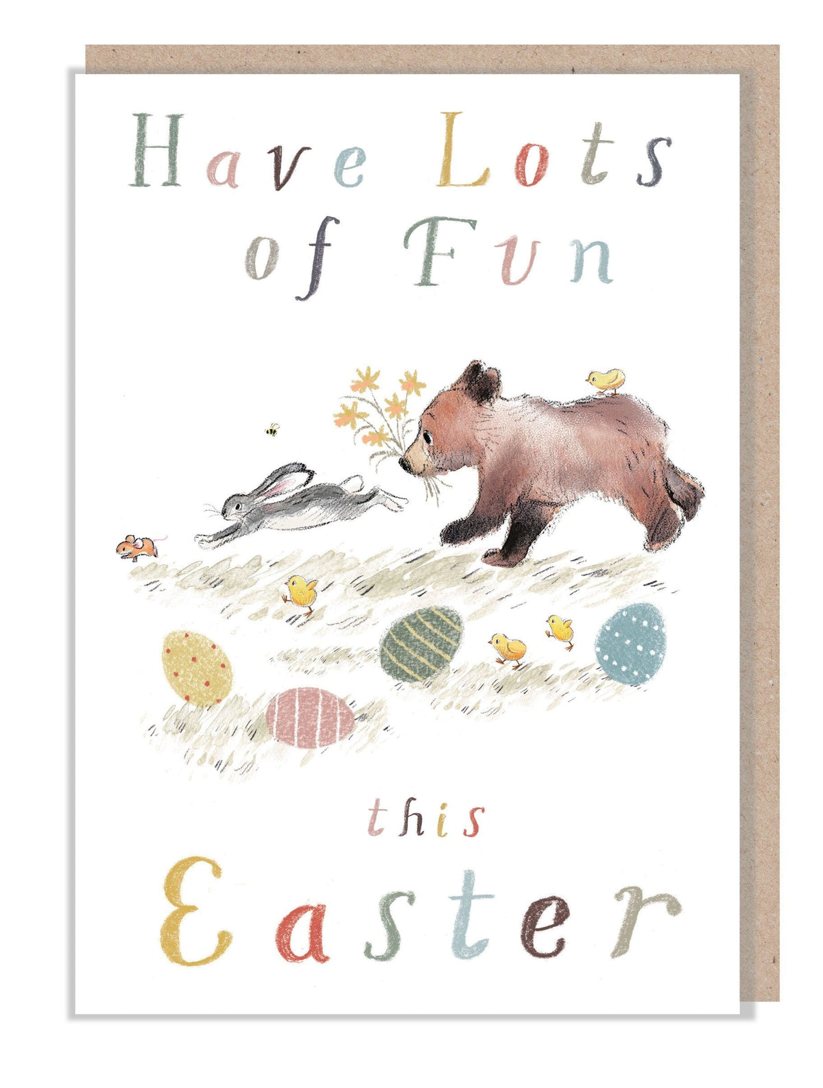 Fun Easter Card - Running Bear Hare and Mouse with Flowers Eggs and Chicks
