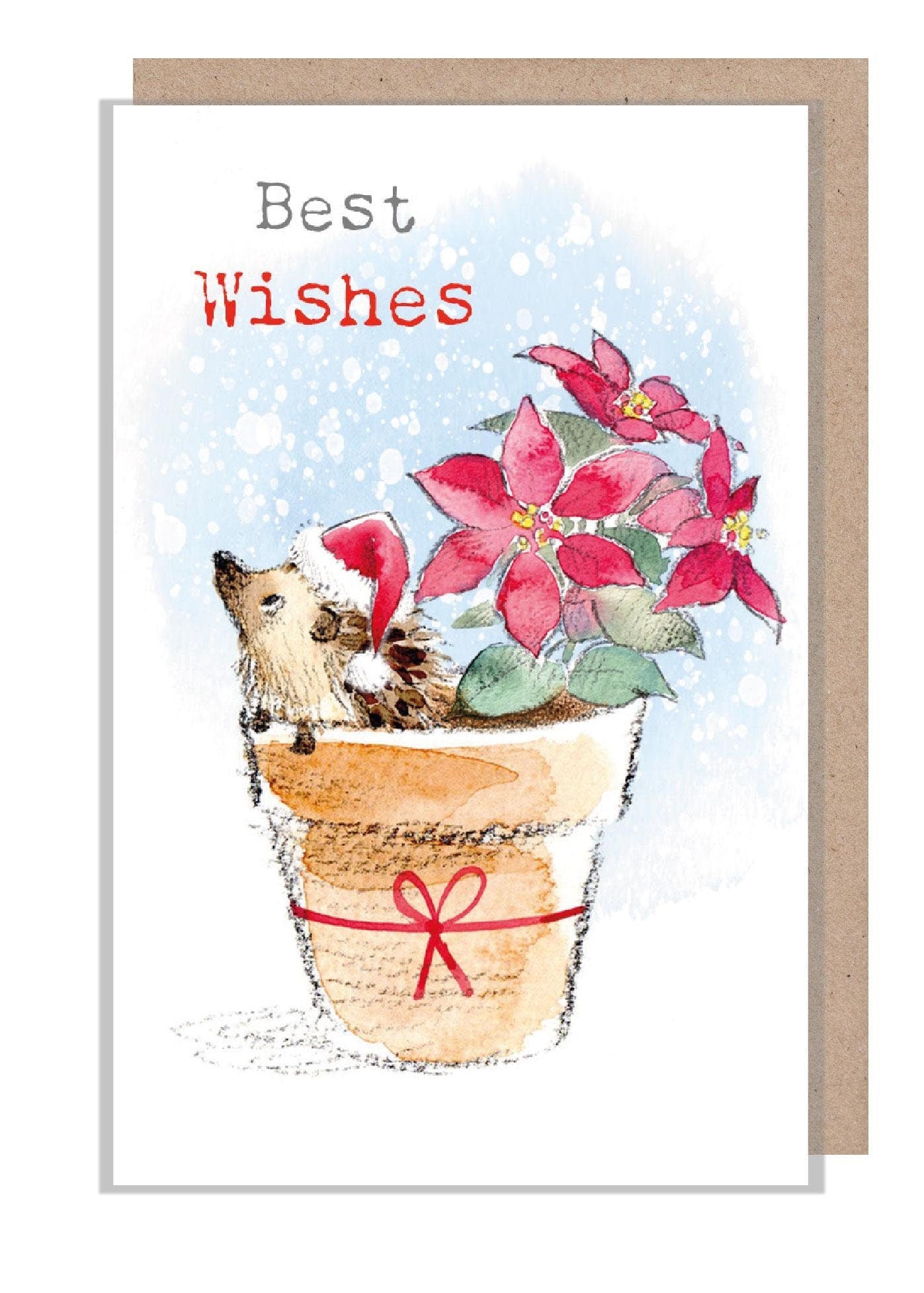 Christmas Gift Card - Best Wishes - Hedgehog in Flower Pot